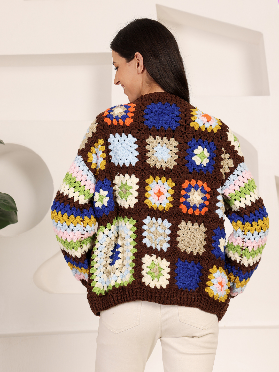 Velvery Crochet Granny Square Front Openable Cardigan - Brown