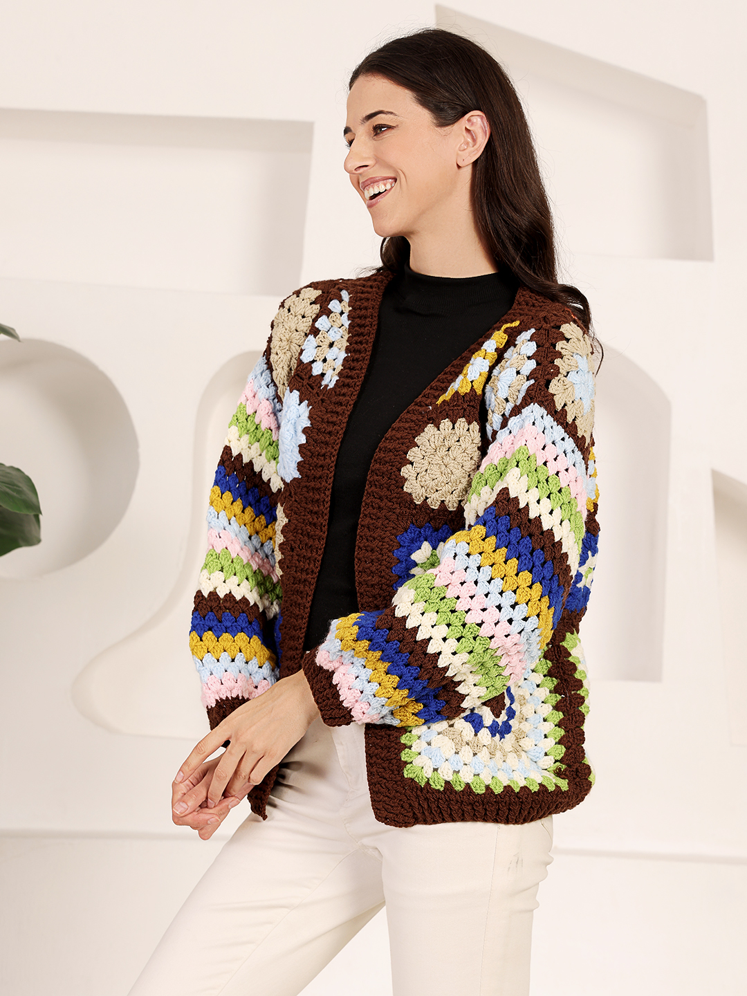Velvery Crochet Granny Square Front Openable Cardigan - Brown