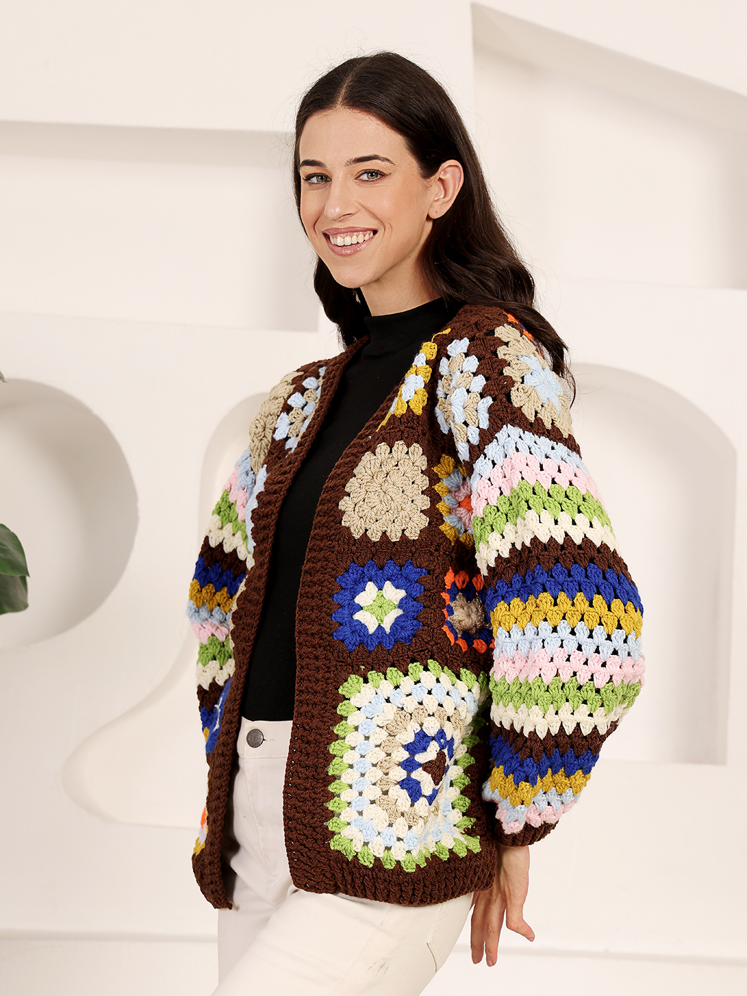 Velvery Crochet Granny Square Front Openable Cardigan - Brown