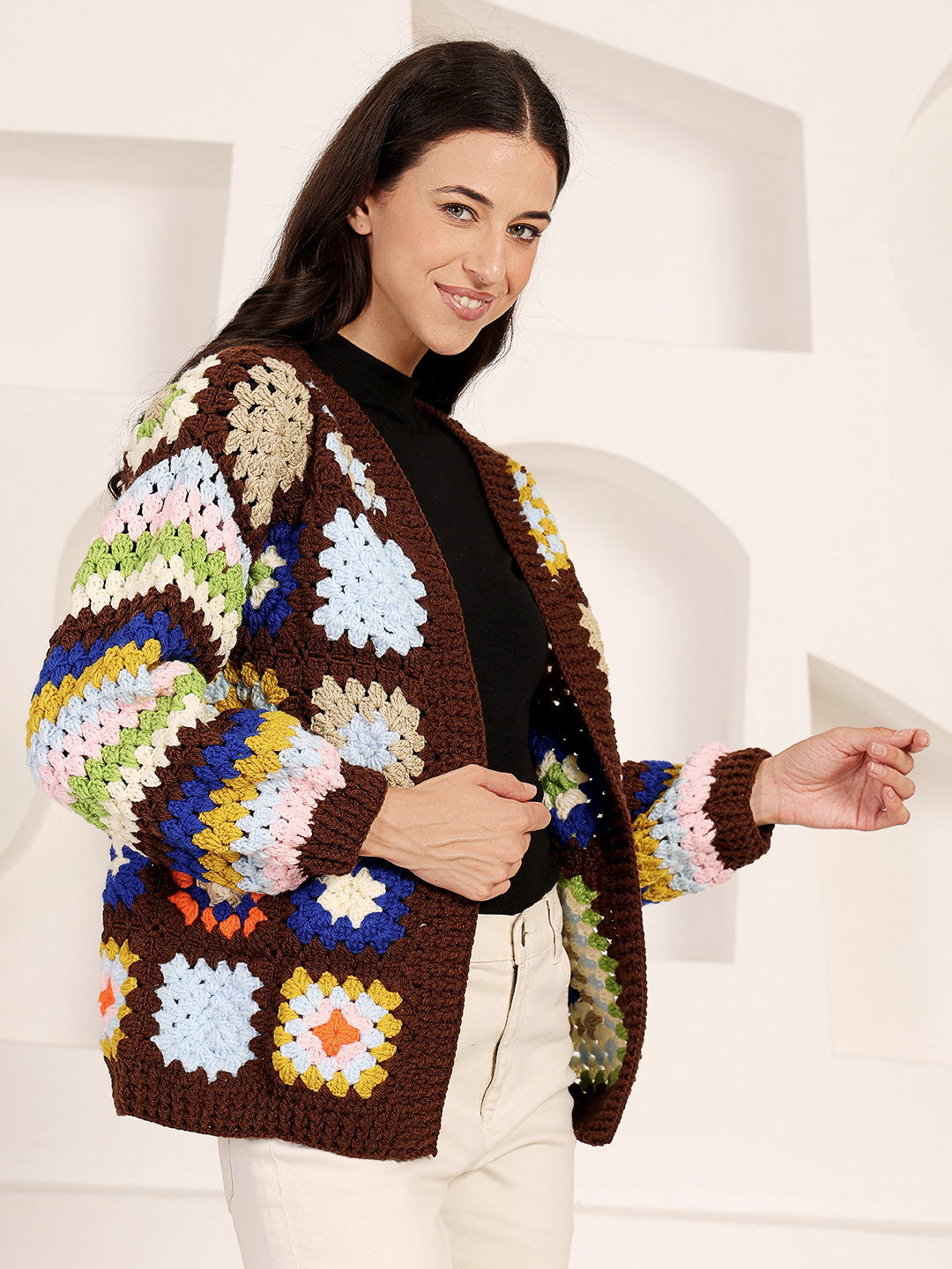 Velvery Crochet Granny Square Front Openable Cardigan - Brown