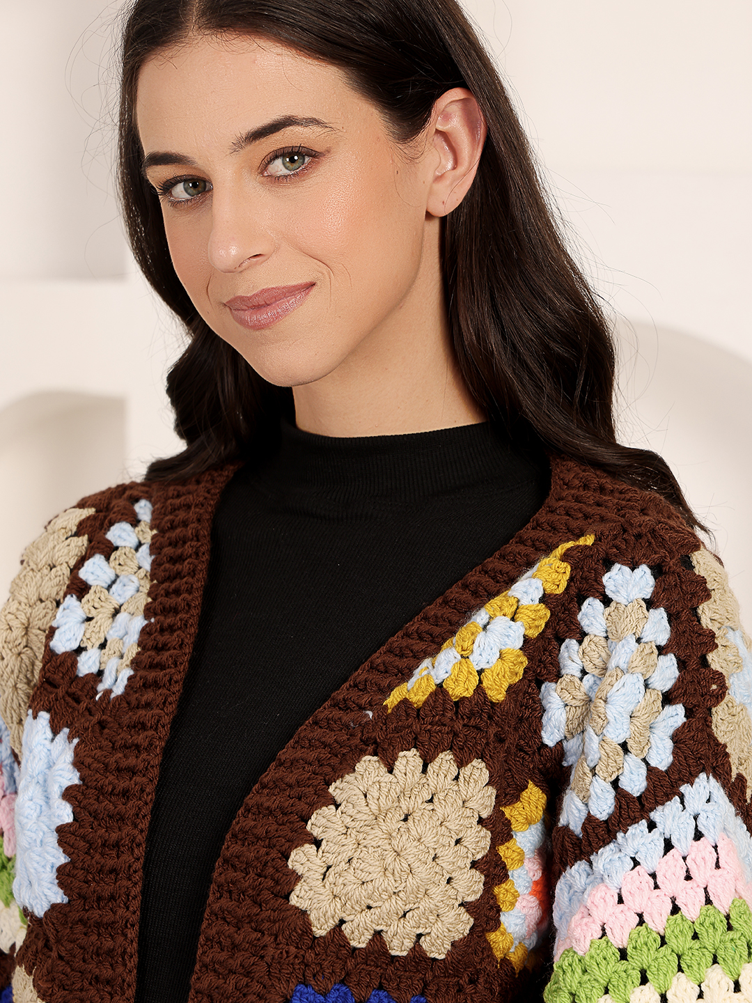 Velvery Crochet Granny Square Front Openable Cardigan - Brown