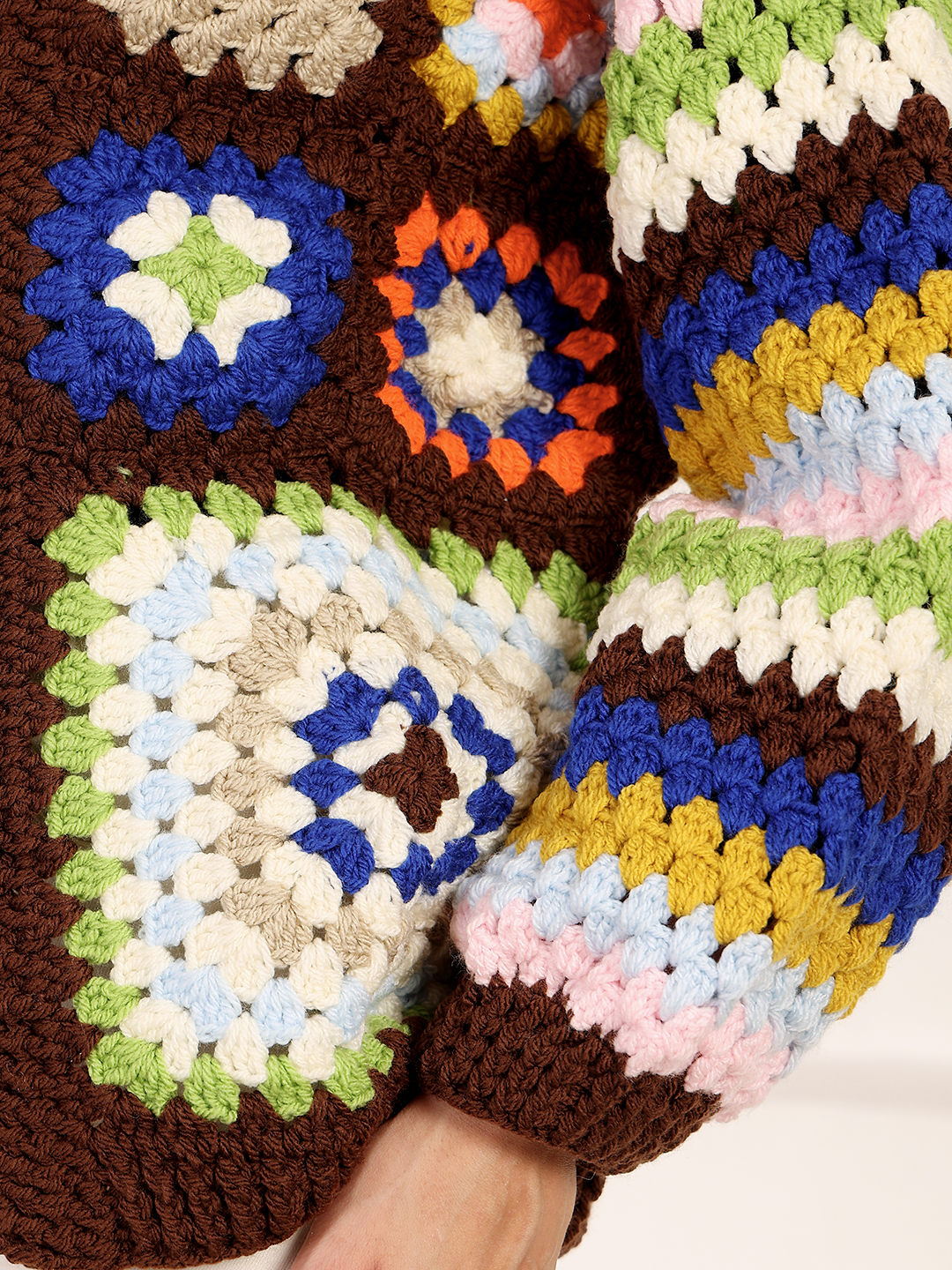 Velvery Crochet Granny Square Front Openable Cardigan - Brown