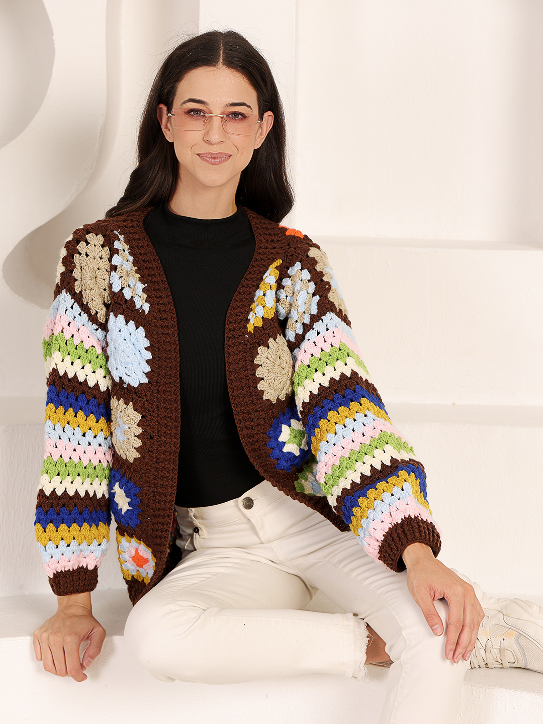 Velvery Crochet Granny Square Front Openable Cardigan - Brown