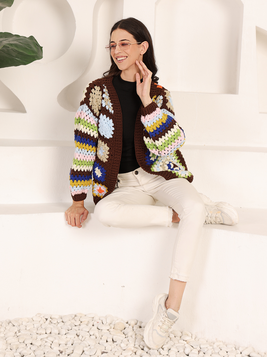 Velvery Crochet Granny Square Front Openable Cardigan - Brown