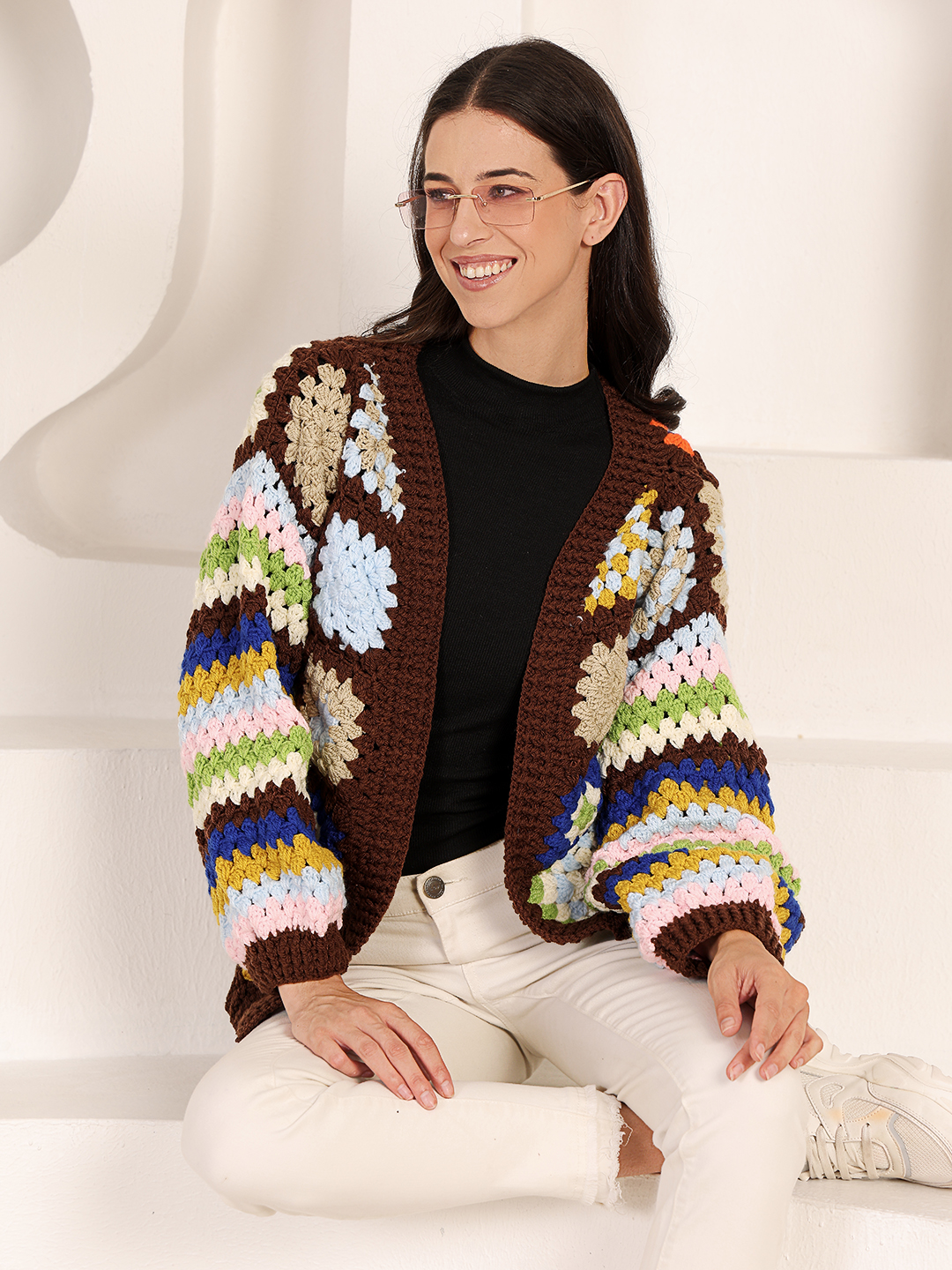 Velvery Crochet Granny Square Front Openable Cardigan - Brown