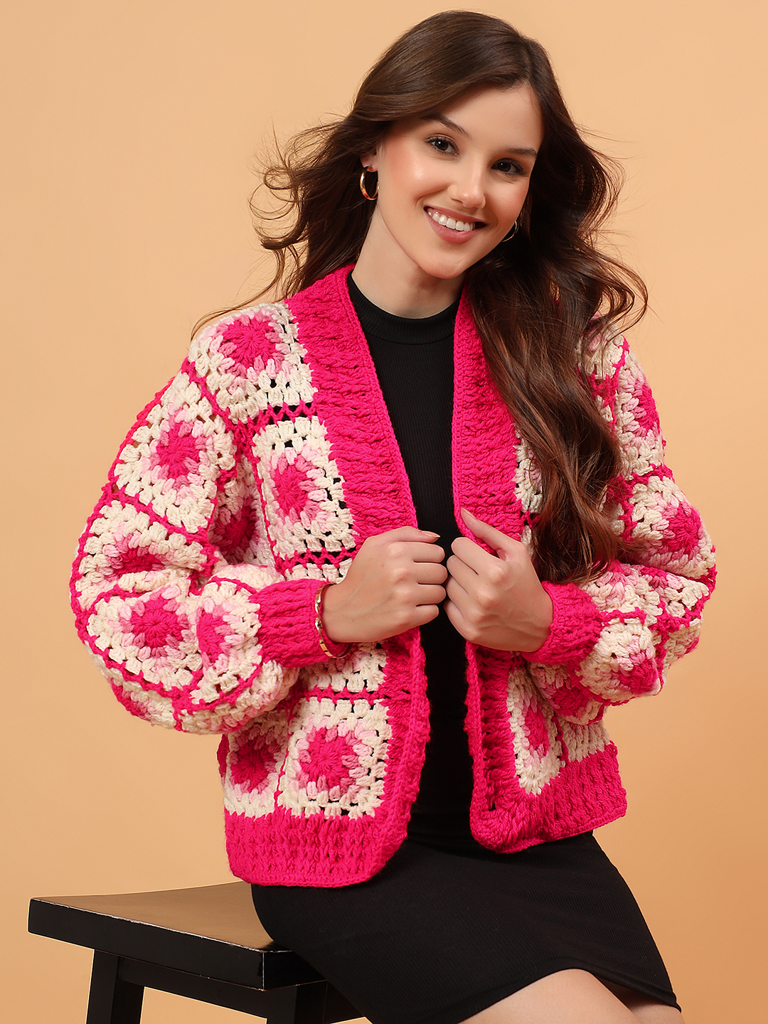 Velvery Crochet Granny Square Front Openable Cardigan - Pink