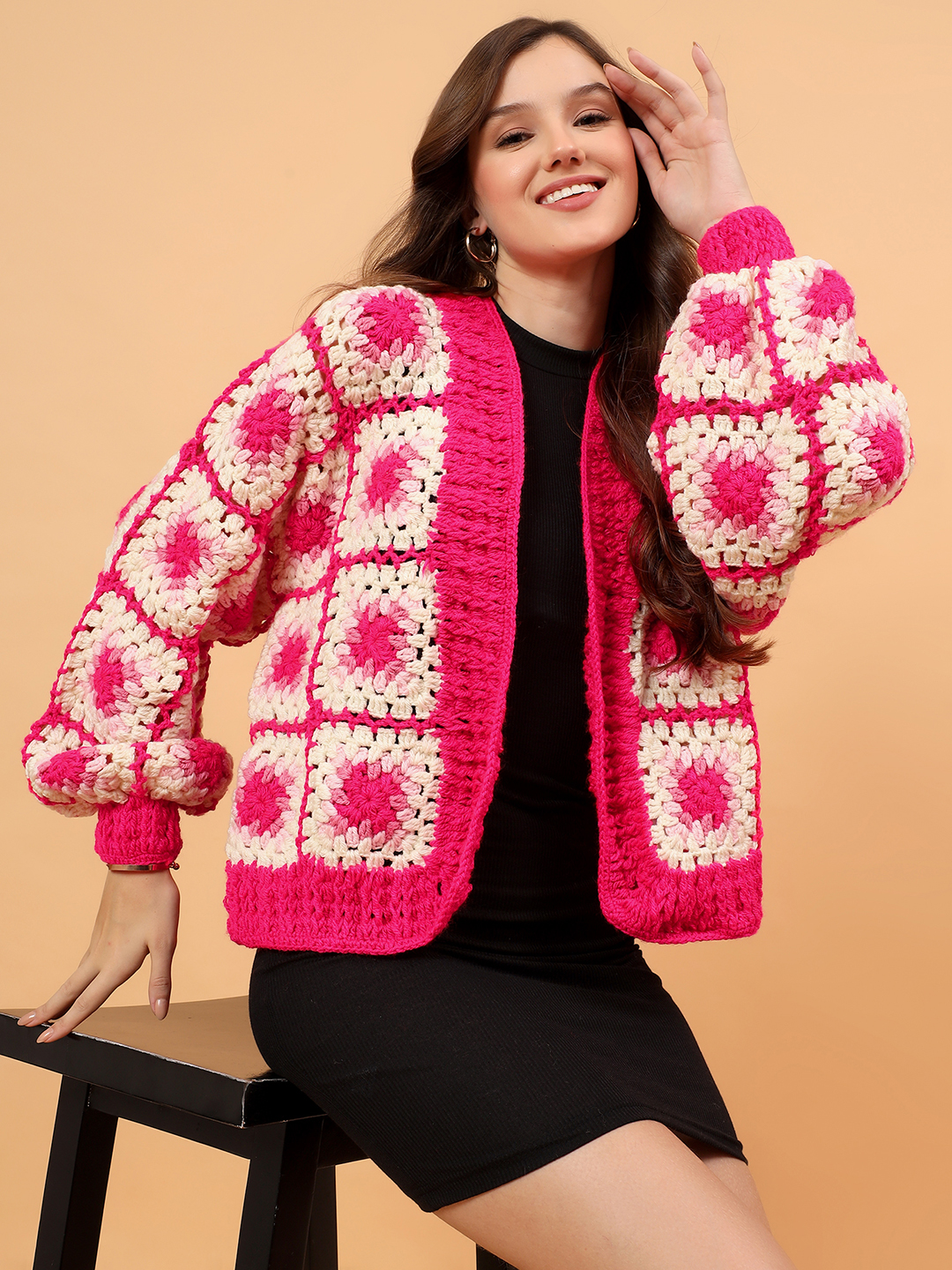 Velvery Crochet Granny Square Front Openable Cardigan - Pink