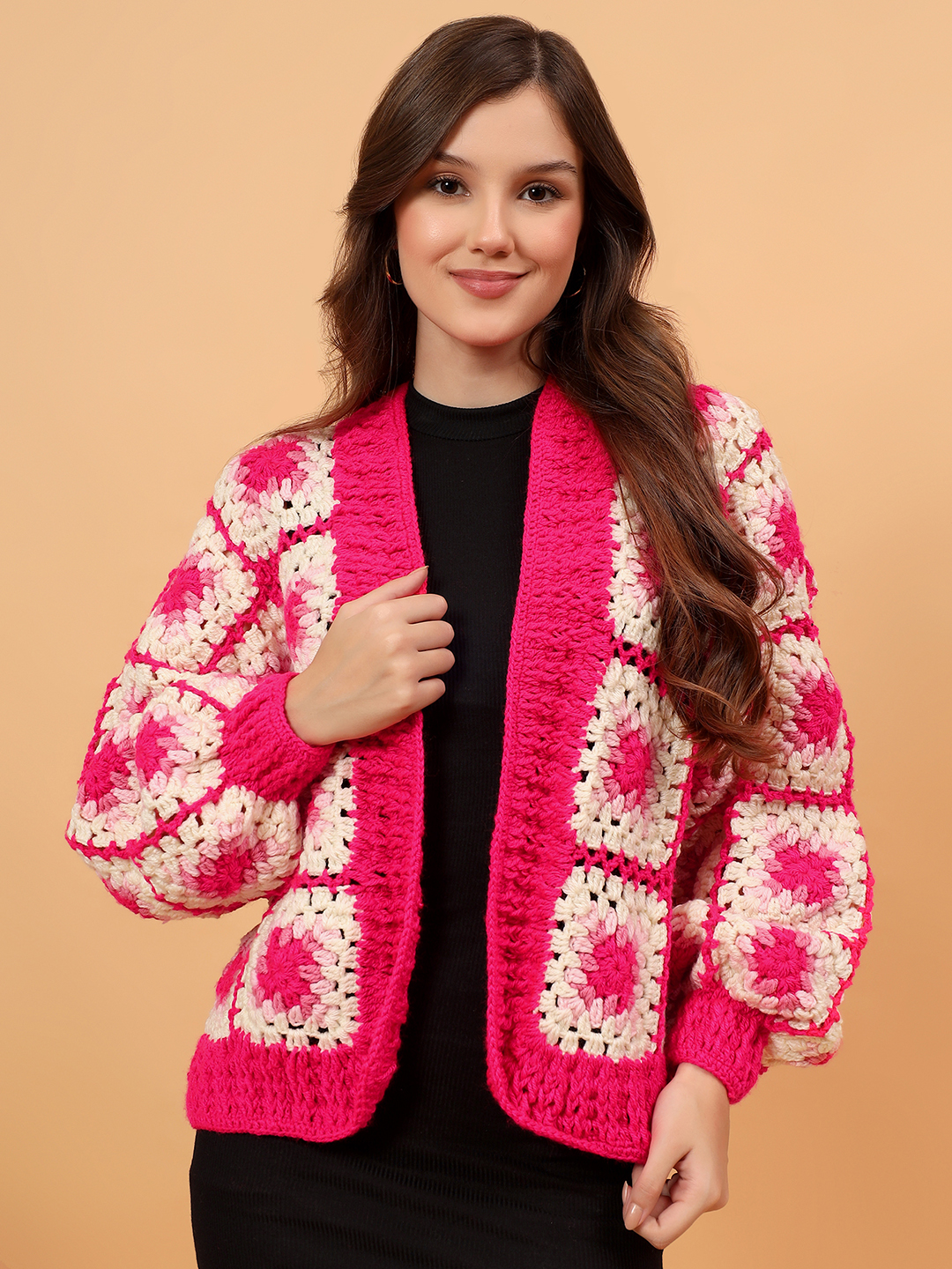 Velvery Crochet Granny Square Front Openable Cardigan - Pink