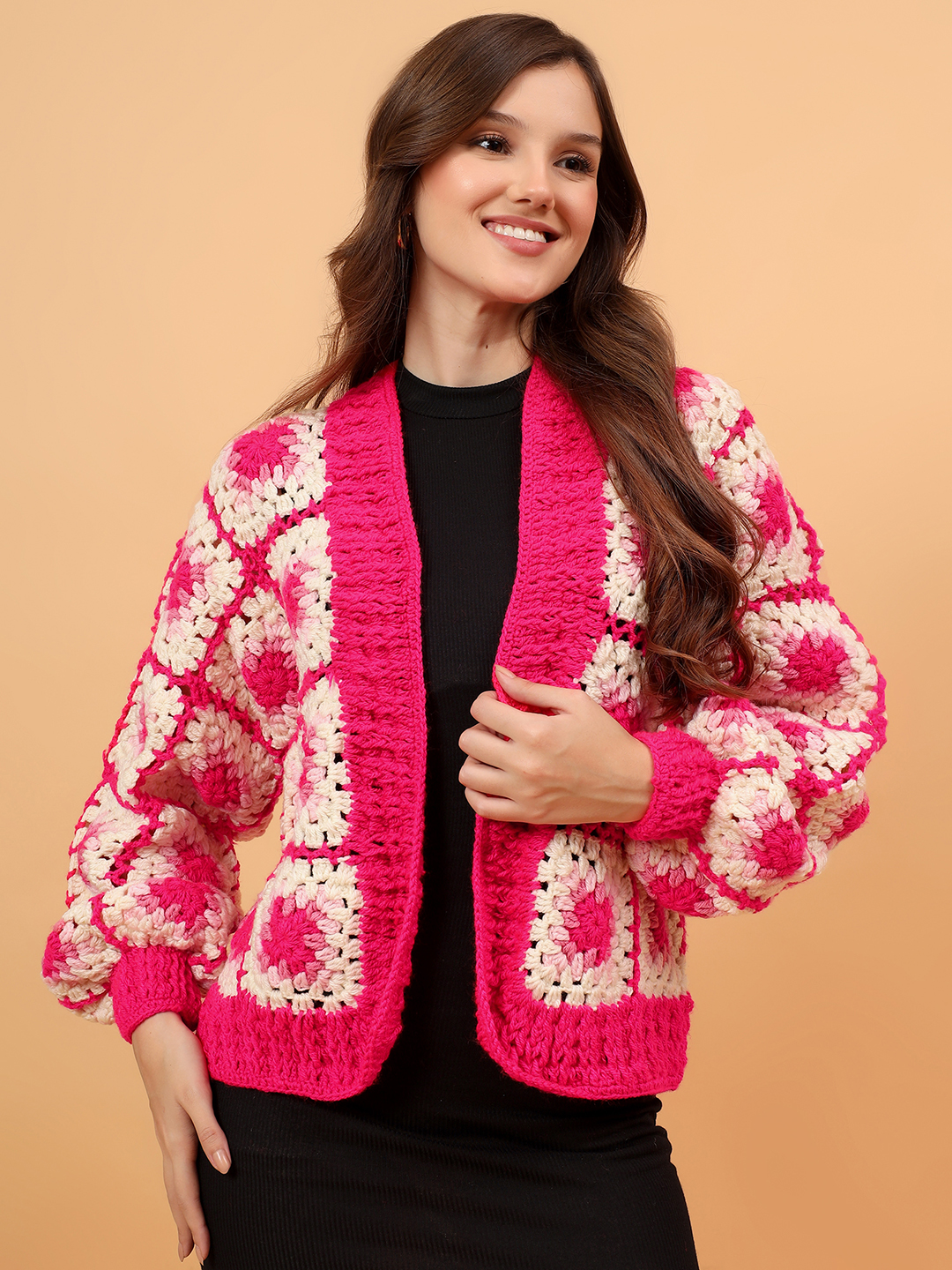 Velvery Crochet Granny Square Front Openable Cardigan - Pink