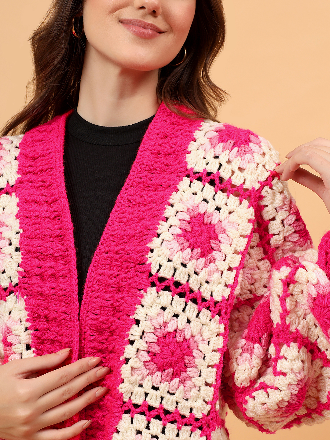 Velvery Crochet Granny Square Front Openable Cardigan - Pink
