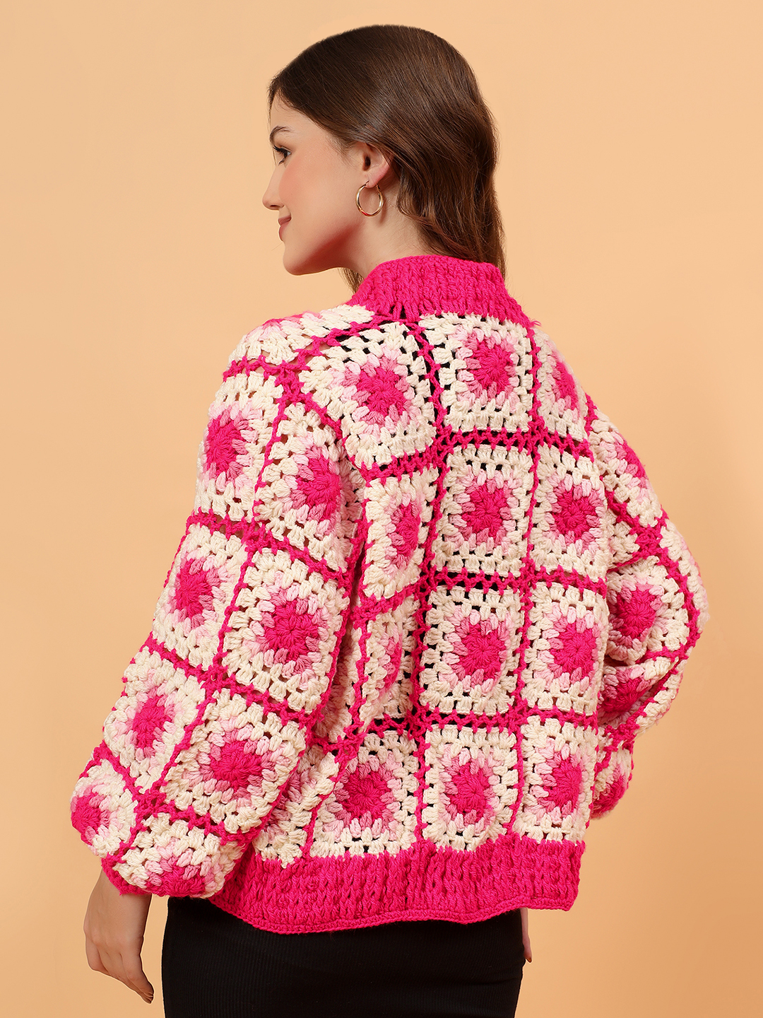 Velvery Crochet Granny Square Front Openable Cardigan - Pink