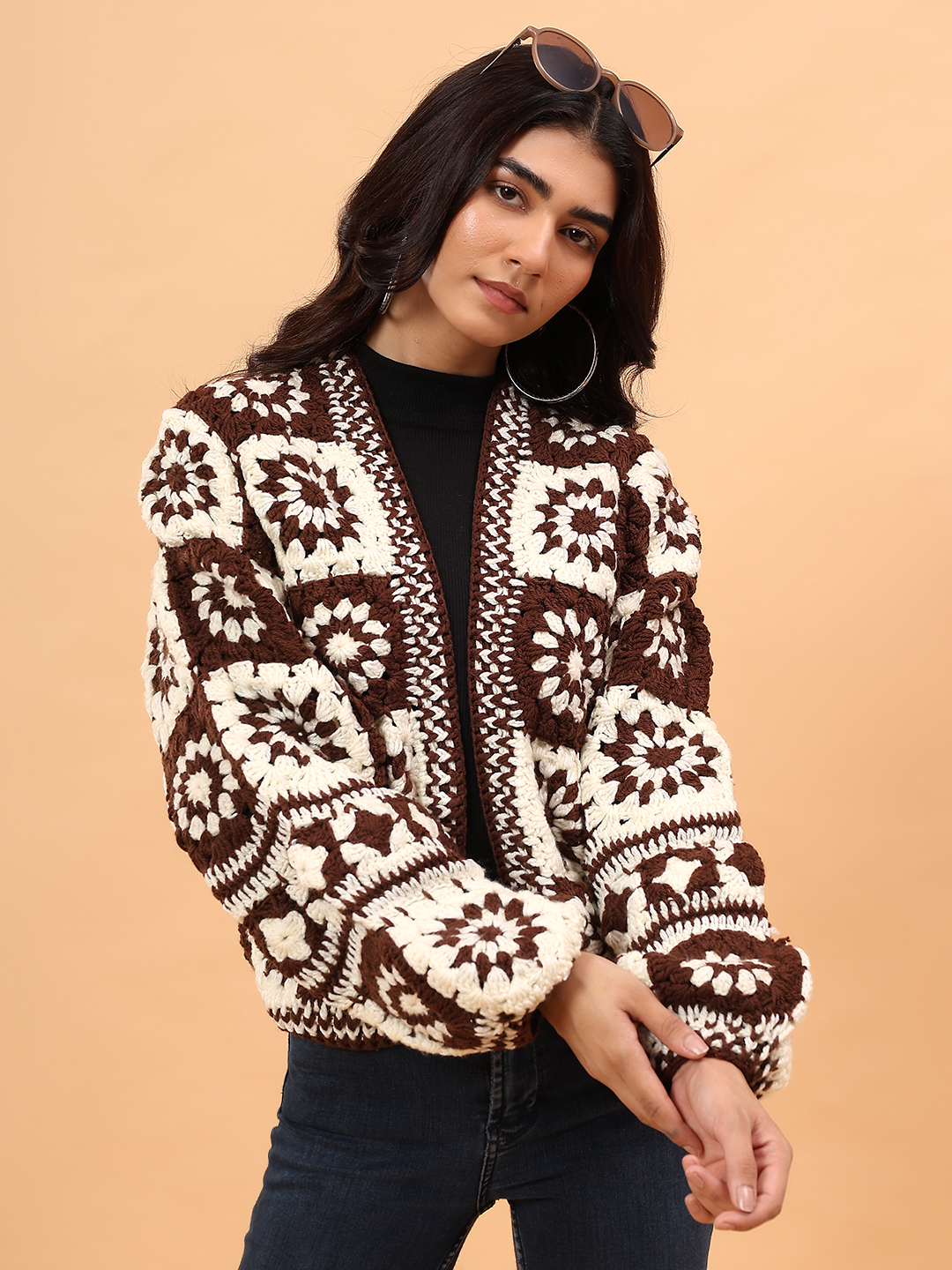 Velvery Crochet Granny Square Front Openable Cardigan - Brown