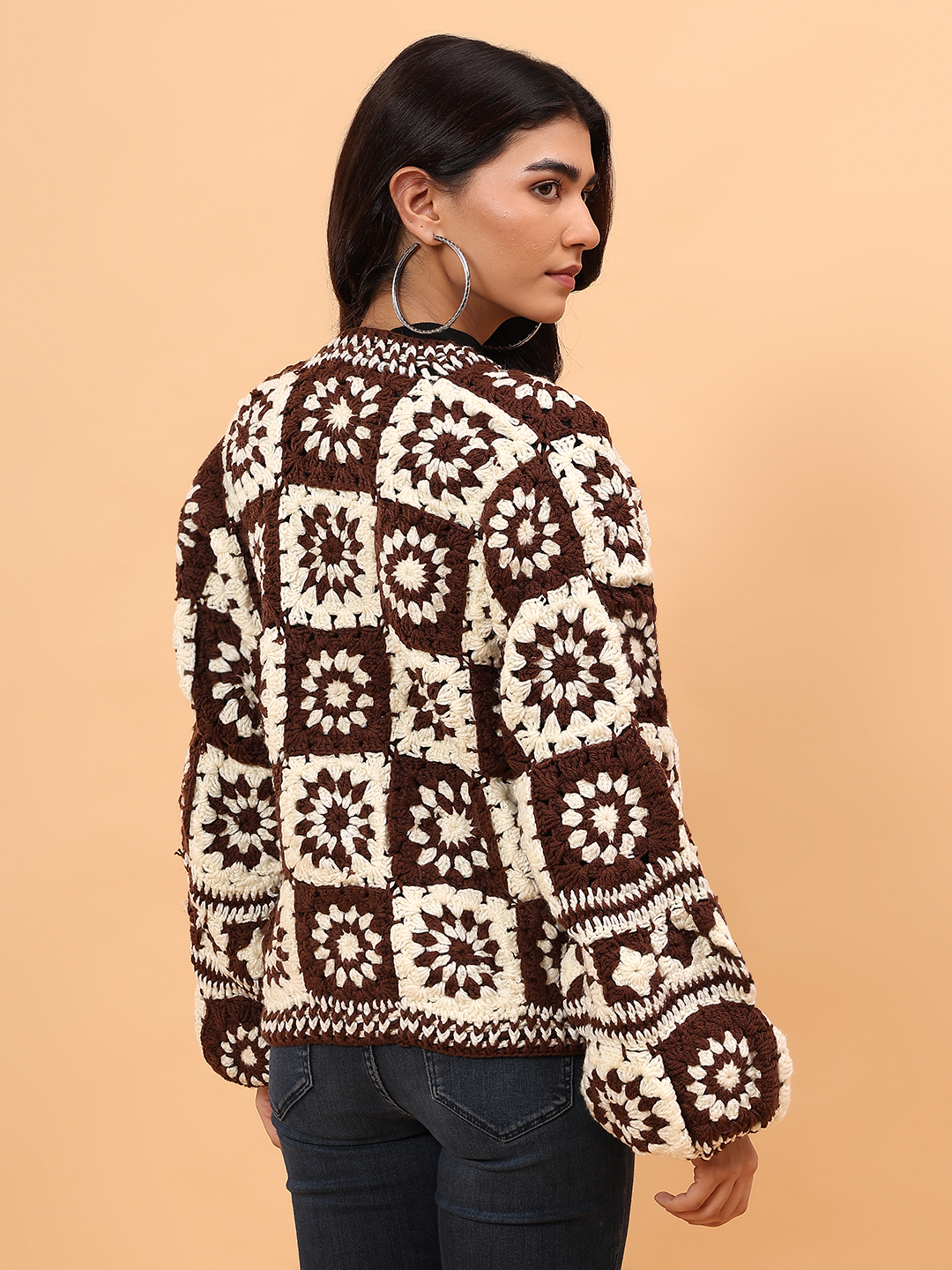 Velvery Crochet Granny Square Front Openable Cardigan - Brown