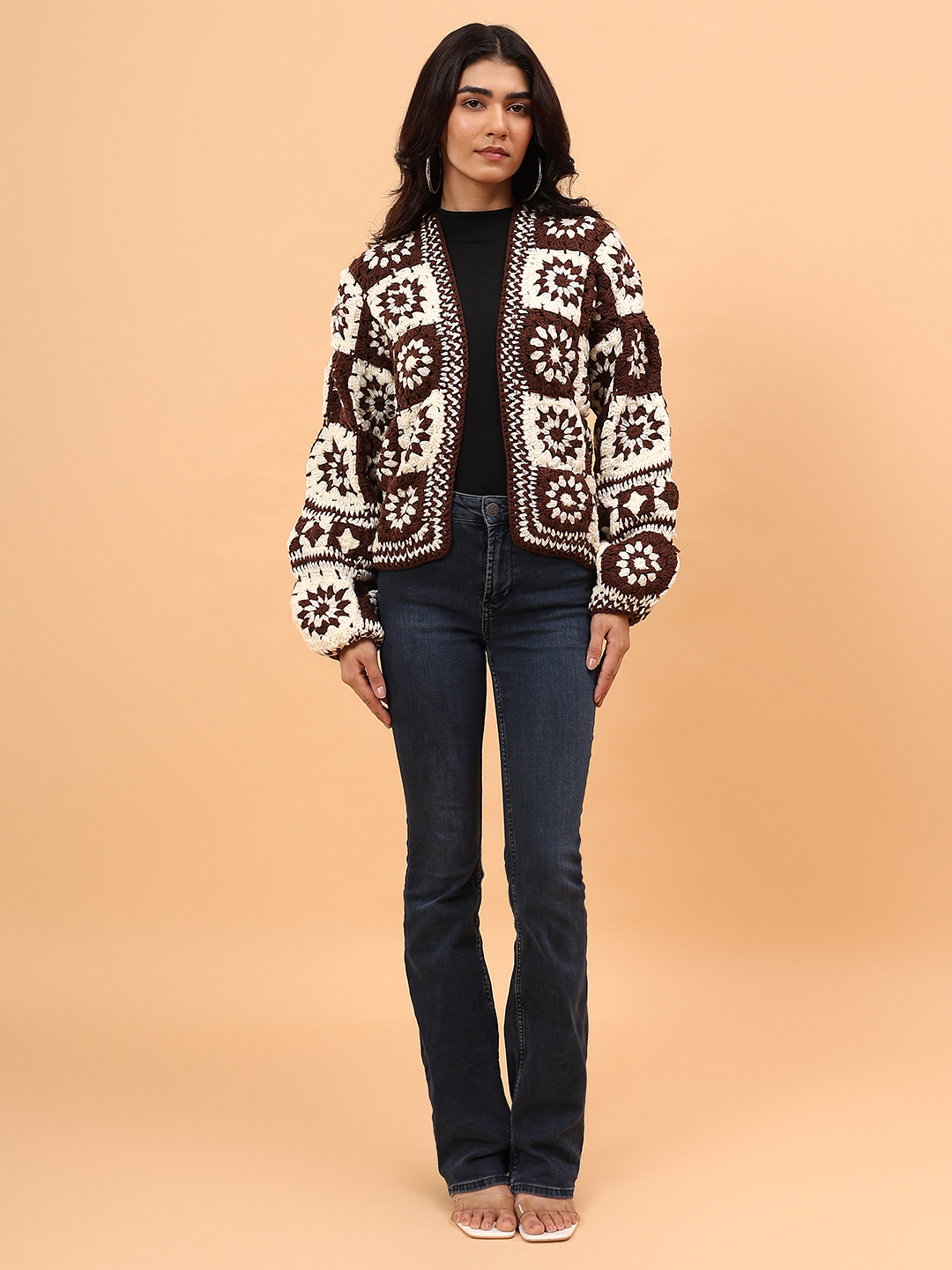 Velvery Crochet Granny Square Front Openable Cardigan - Brown