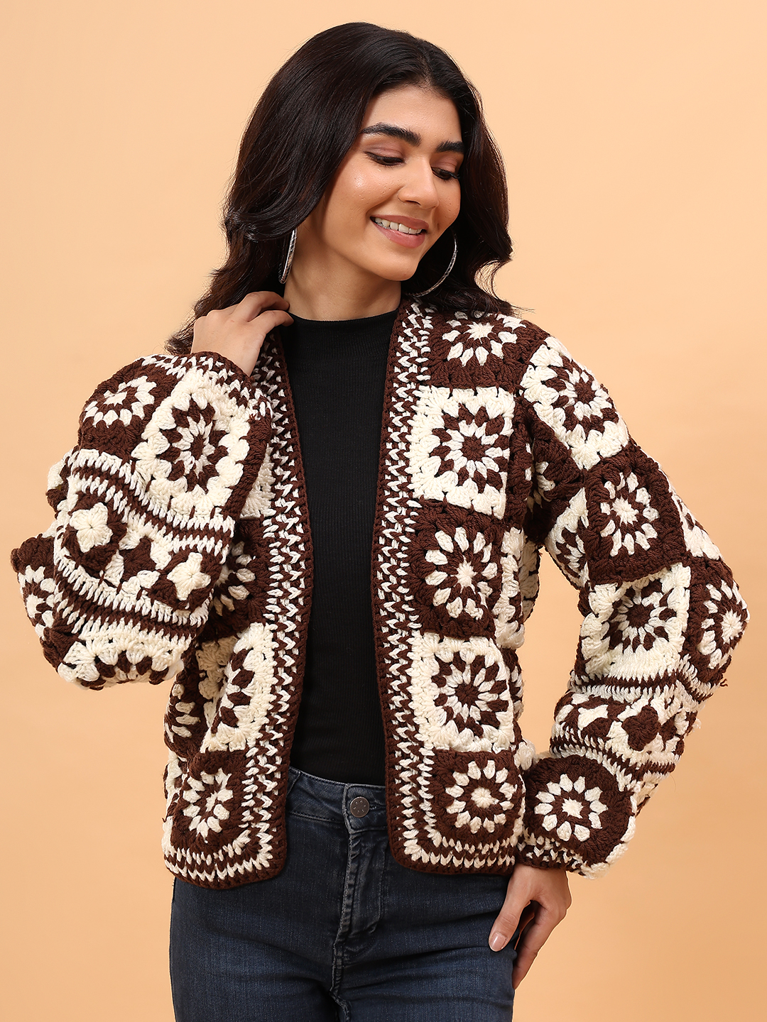 Velvery Crochet Granny Square Front Openable Cardigan - Brown