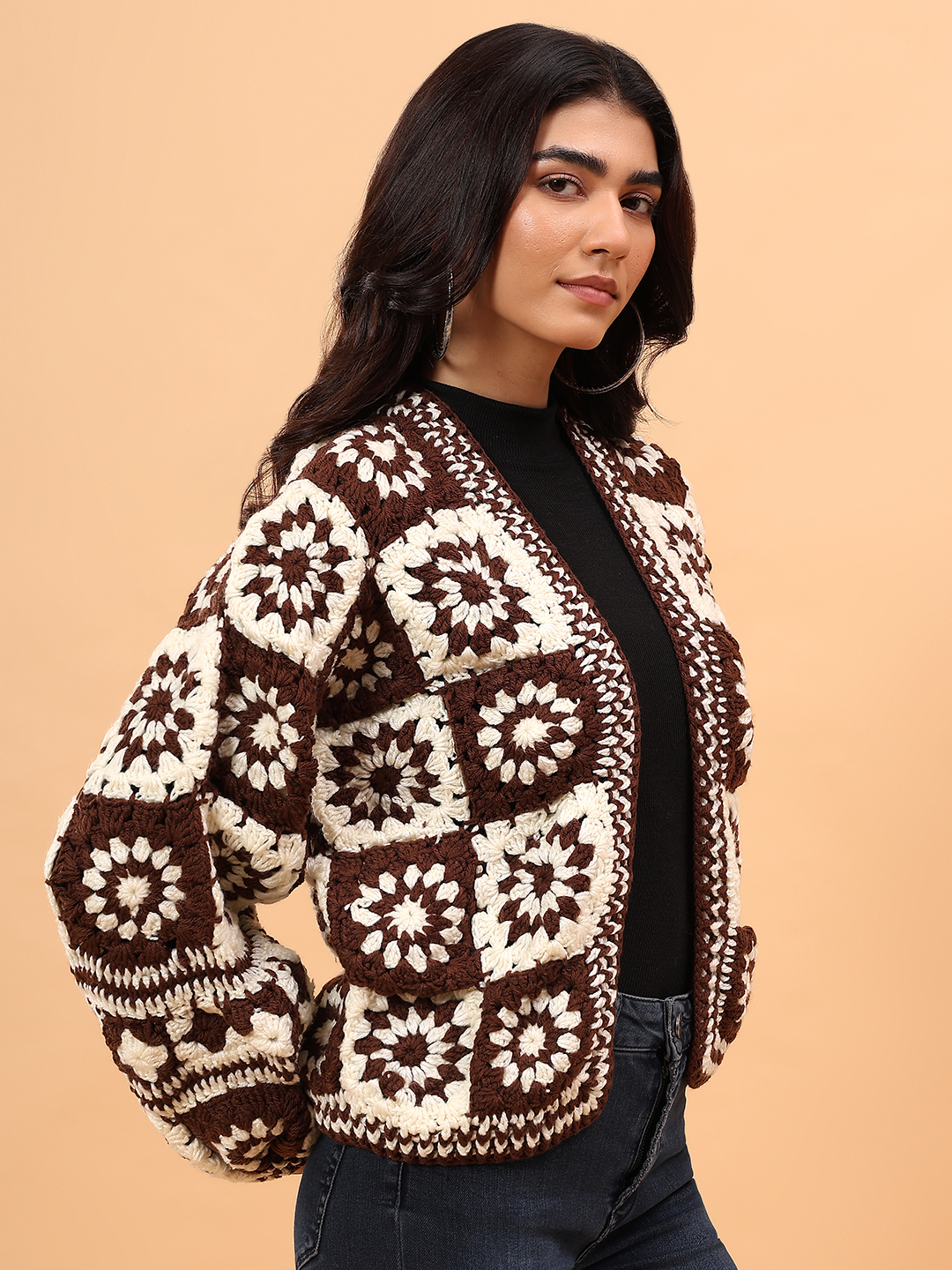 Velvery Crochet Granny Square Front Openable Cardigan - Brown