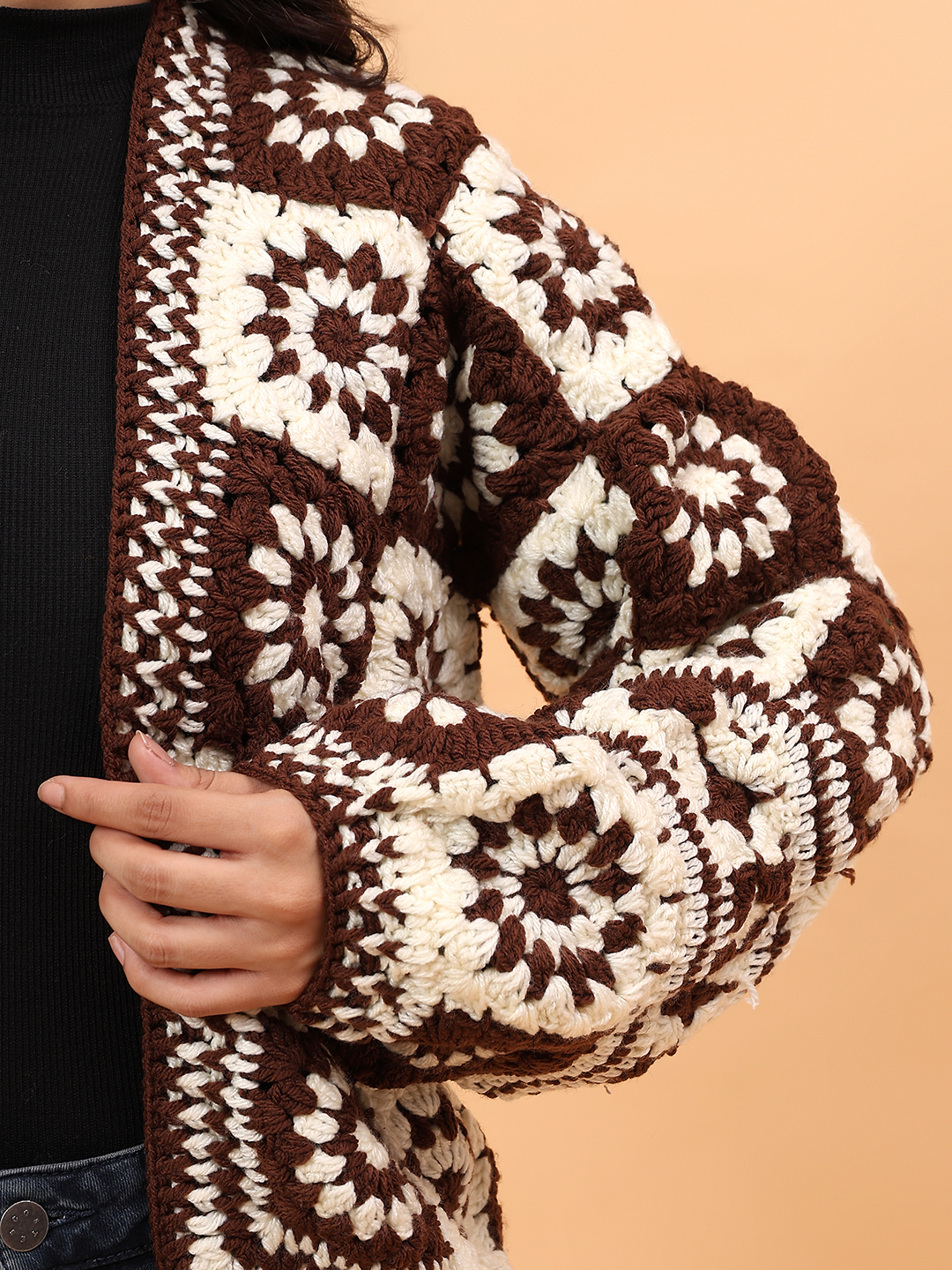 Velvery Crochet Granny Square Front Openable Cardigan - Brown