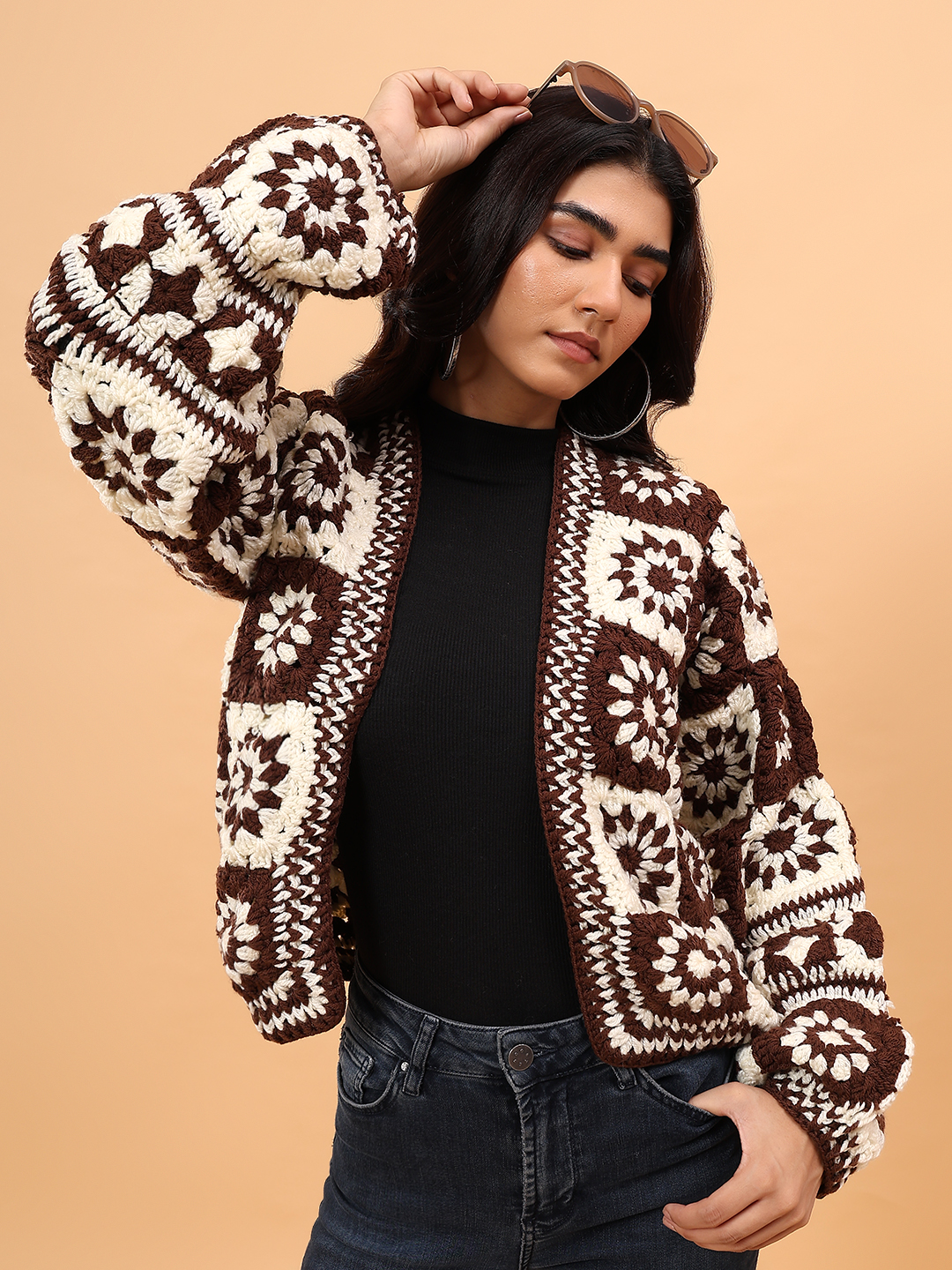Velvery Crochet Granny Square Front Openable Cardigan - Brown