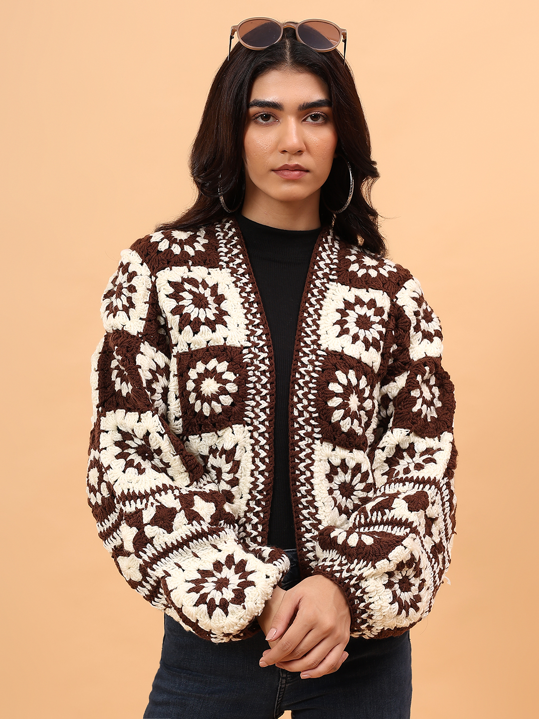 Velvery Crochet Granny Square Front Openable Cardigan - Brown