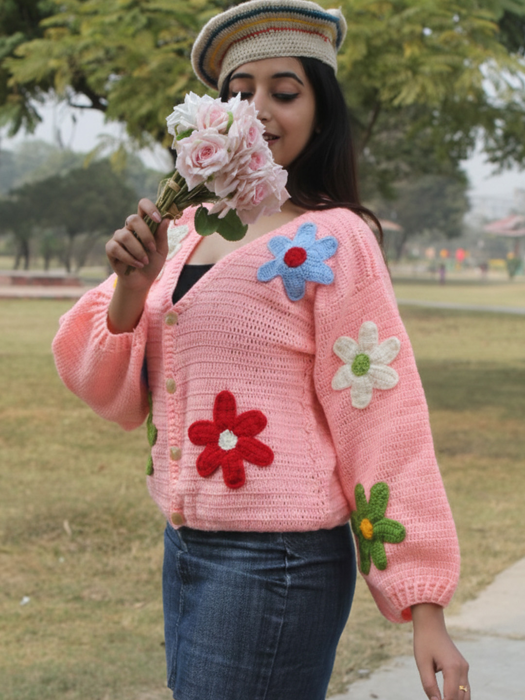 Velvery Crochet Floral Applique Cardigan - Pink
