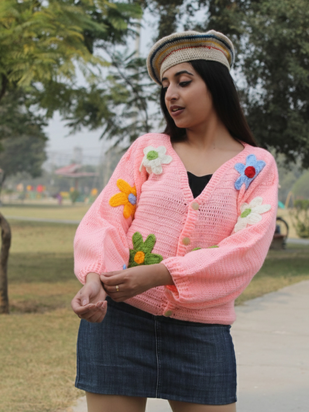 Velvery Crochet Floral Applique Cardigan - Pink