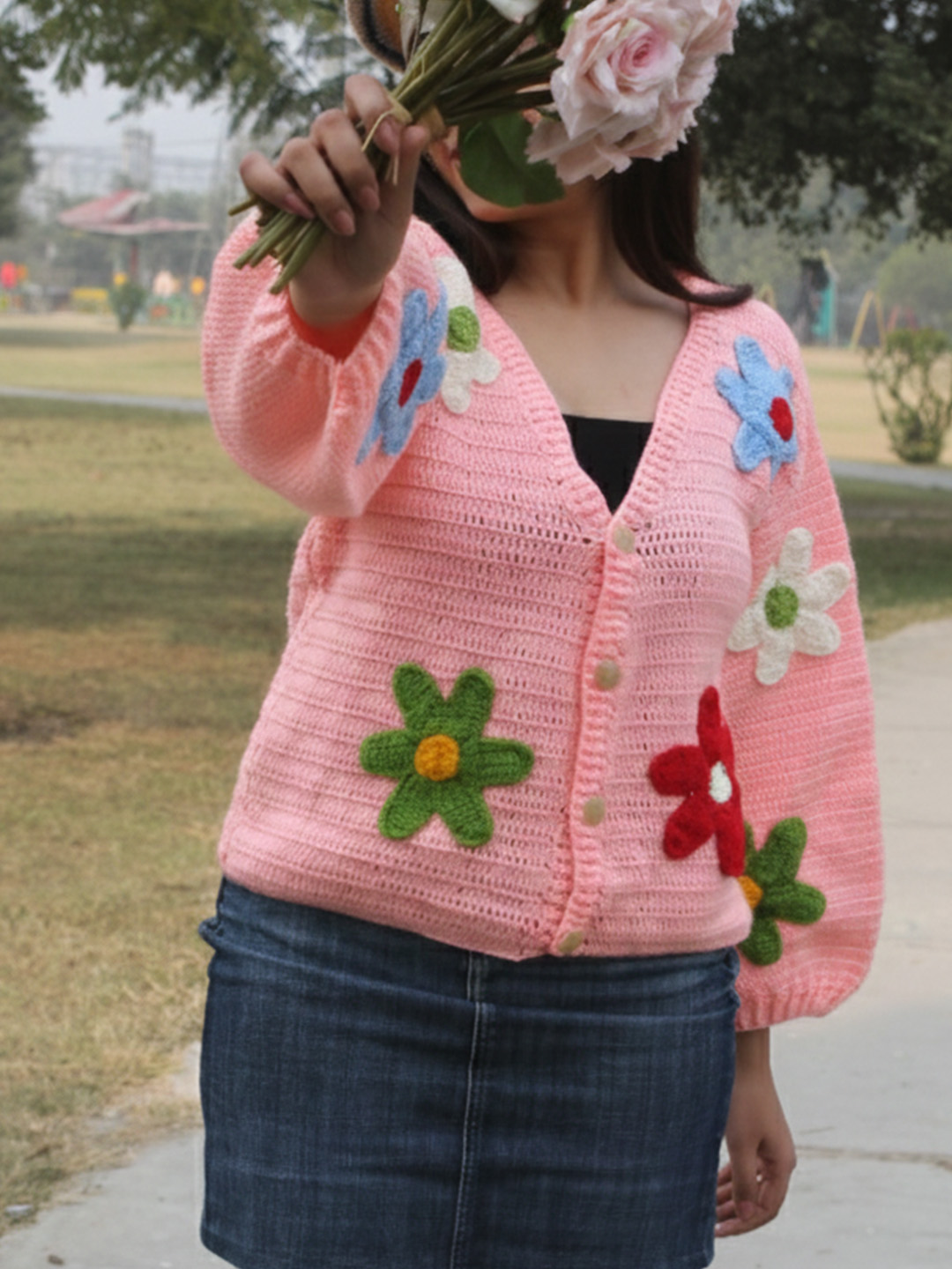 Velvery Crochet Floral Applique Cardigan - Pink