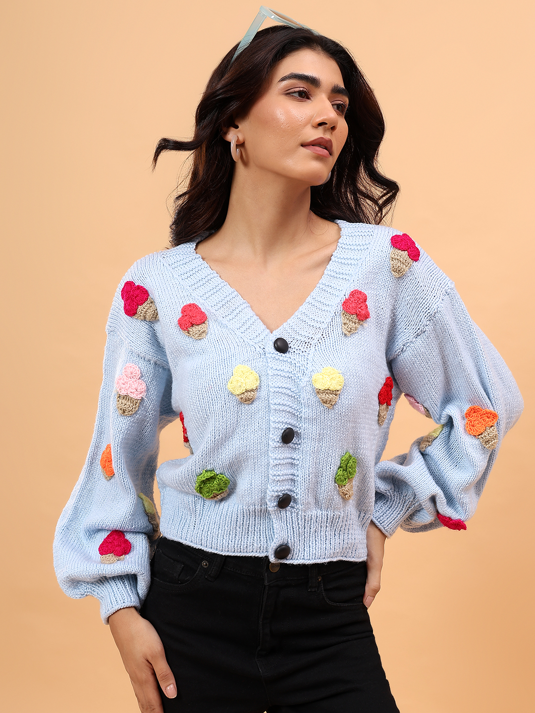 Velvery Ice Cream Applique Cardigan - Sky Blue