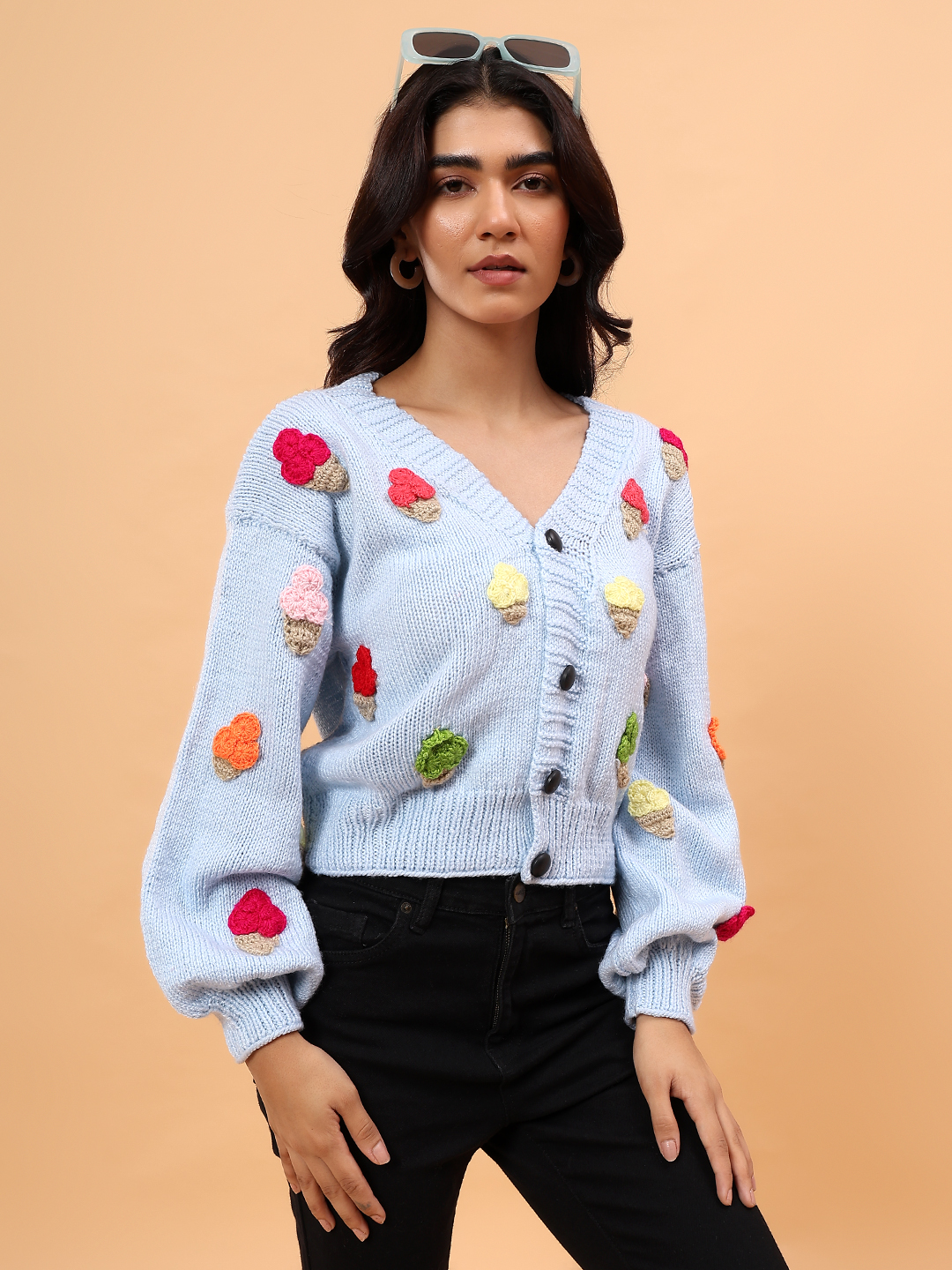 Velvery Ice Cream Applique Cardigan - Sky Blue