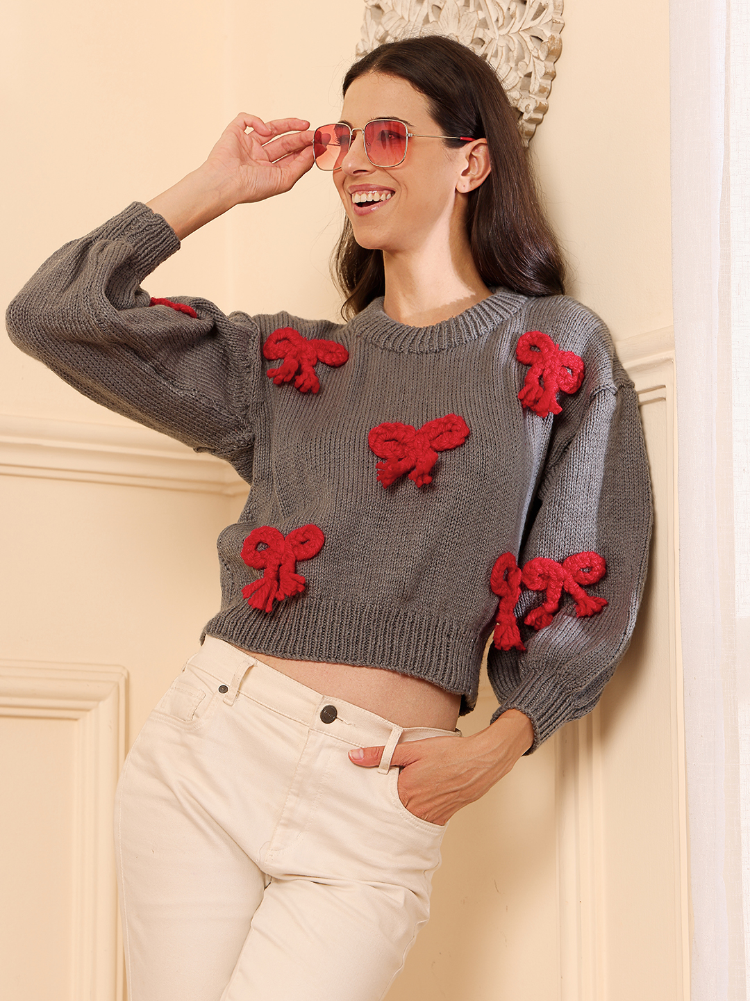 Velvery Bow Detailed Cardigan - Grey