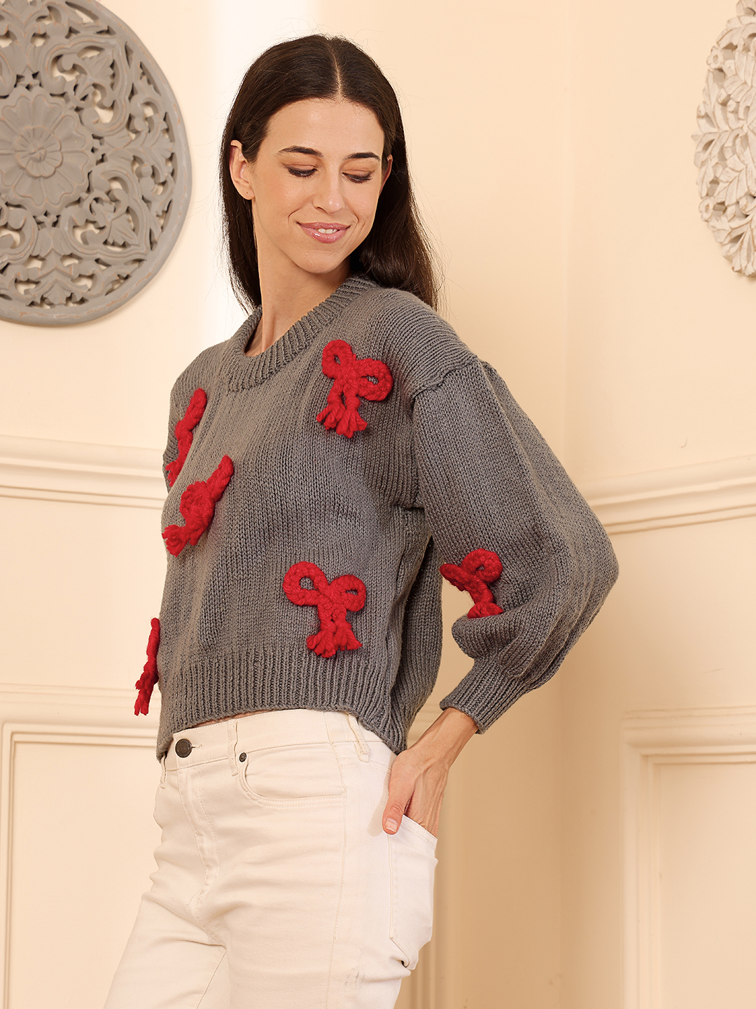 Velvery Bow Detailed Cardigan - Grey