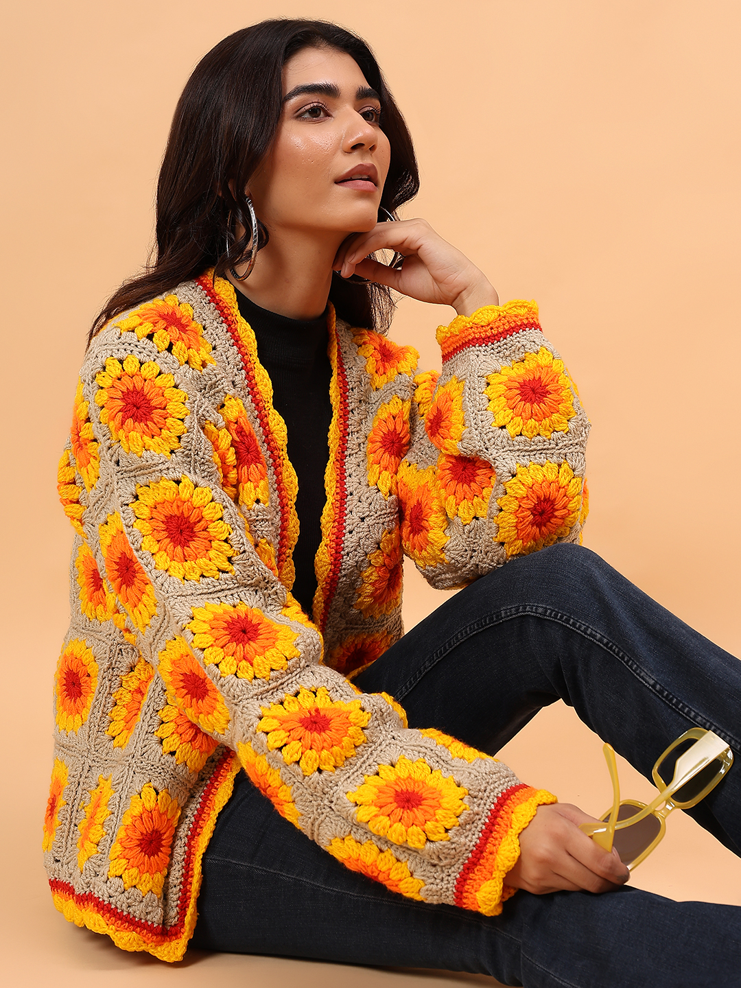 Velvery Crochet Granny Square Front Openable Cardigan - Multicolor