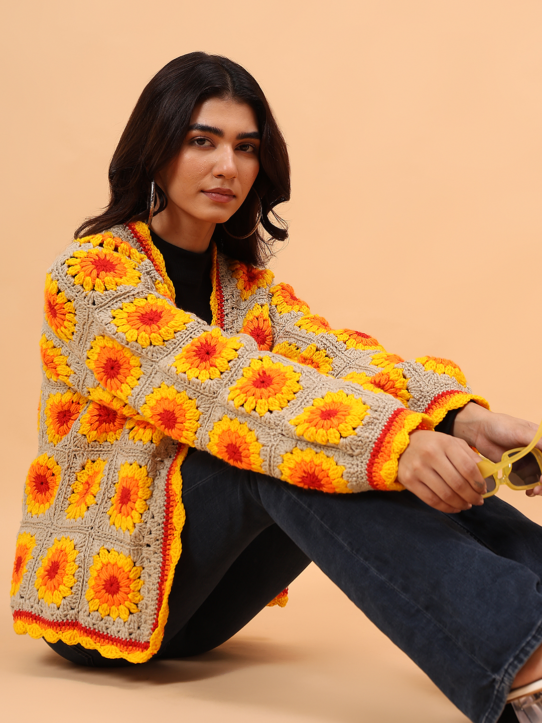 Velvery Crochet Granny Square Front Openable Cardigan - Multicolor