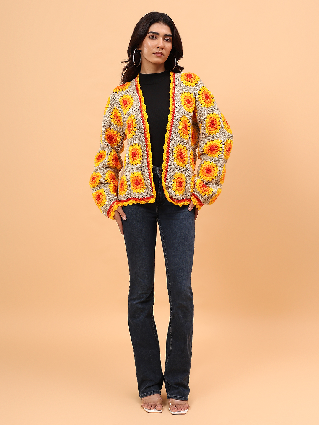 Velvery Crochet Granny Square Front Openable Cardigan - Multicolor