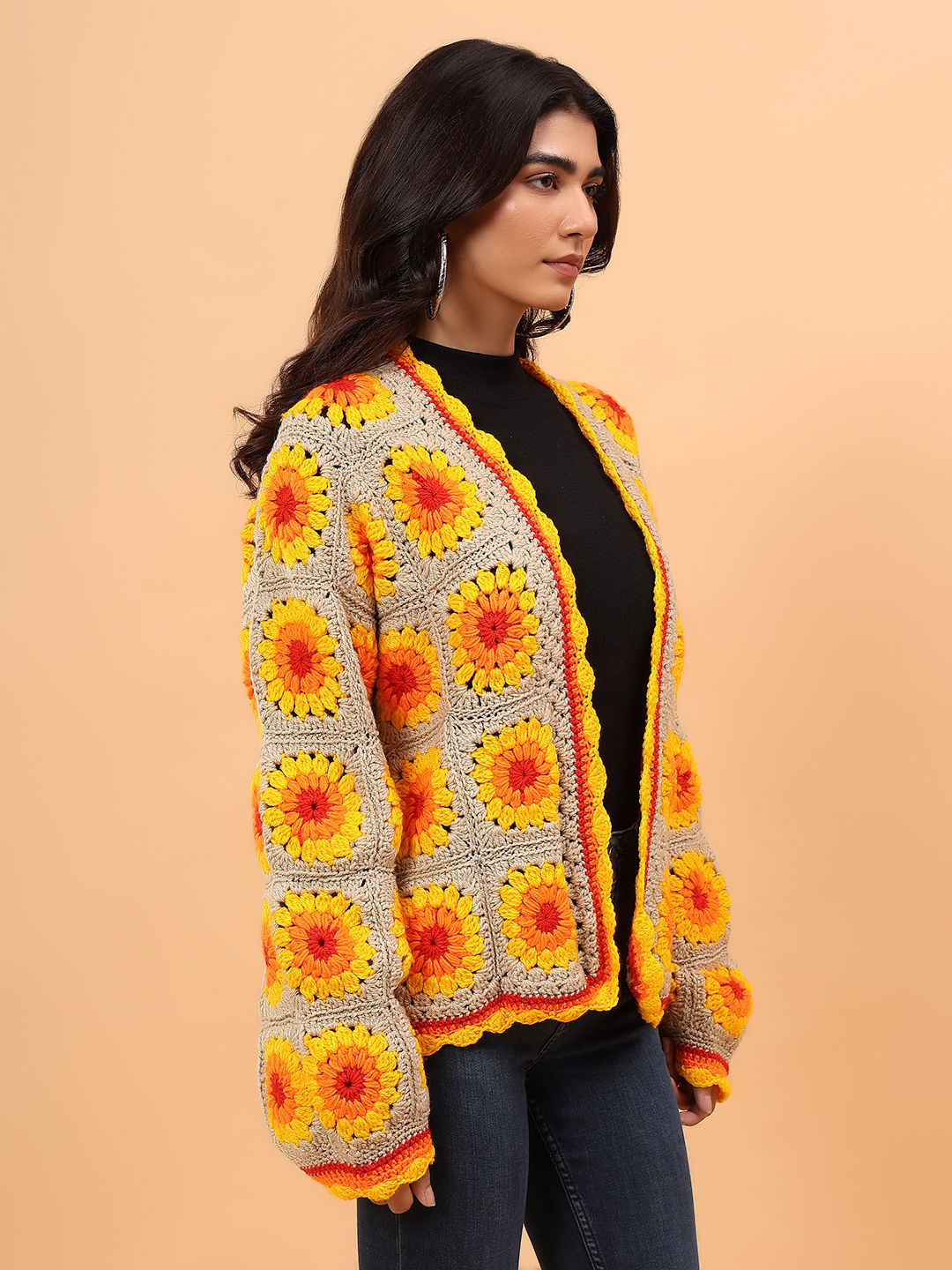 Velvery Crochet Granny Square Front Openable Cardigan - Multicolor