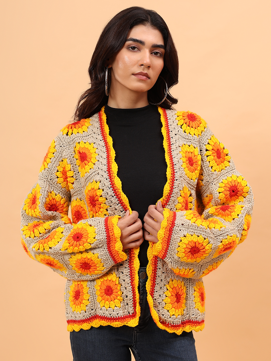 Velvery Crochet Granny Square Front Openable Cardigan - Multicolor