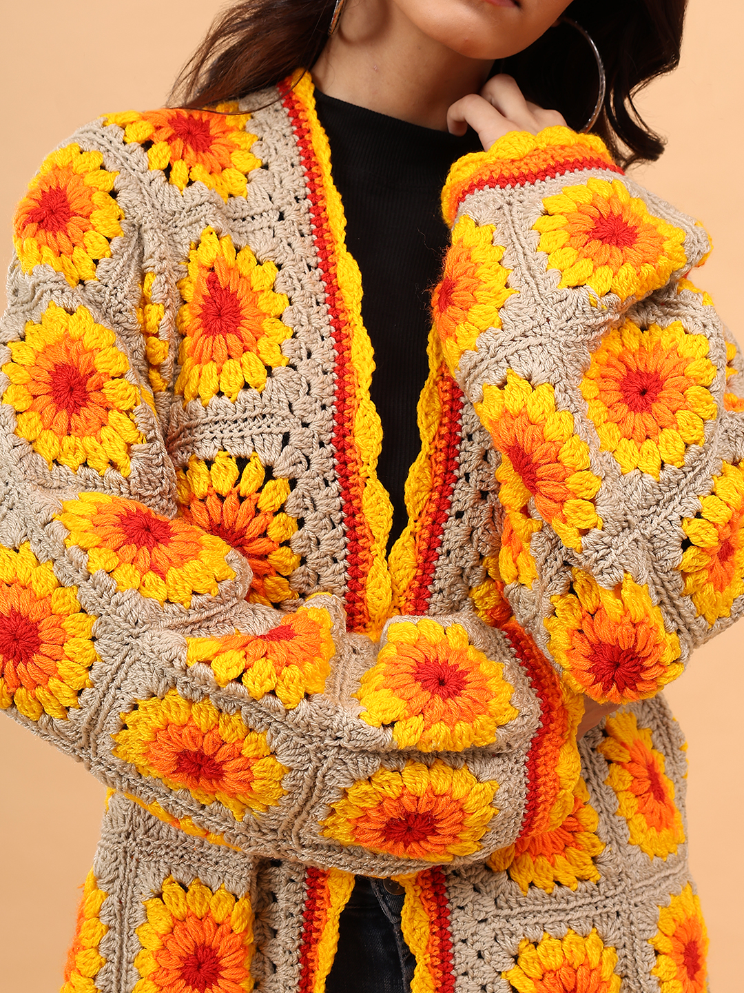 Velvery Crochet Granny Square Front Openable Cardigan - Multicolor