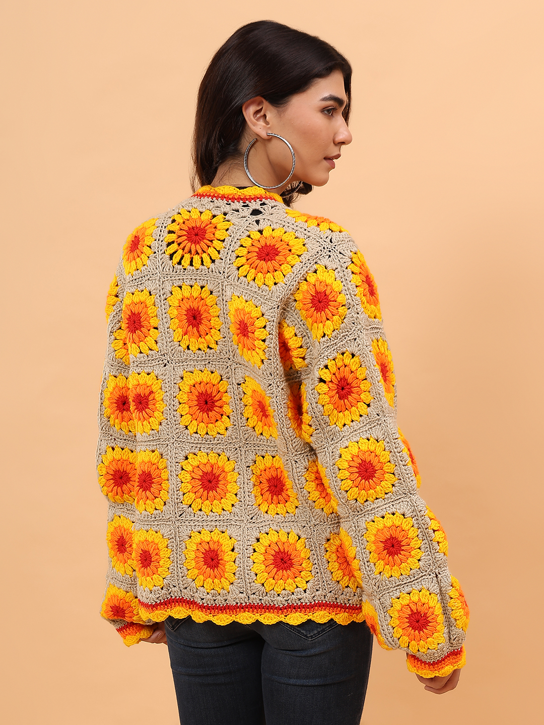 Velvery Crochet Granny Square Front Openable Cardigan - Multicolor