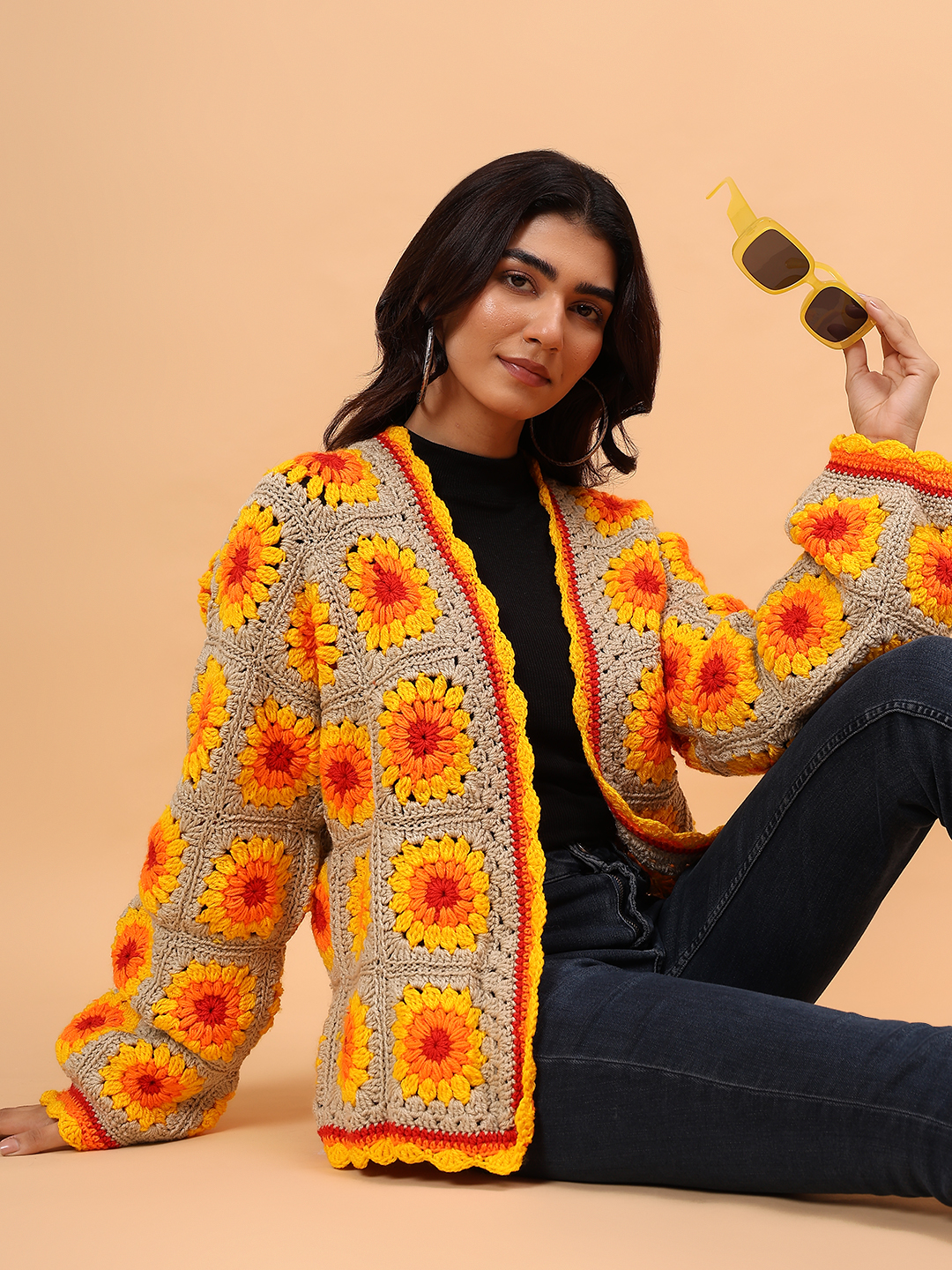 Velvery Crochet Granny Square Front Openable Cardigan - Multicolor
