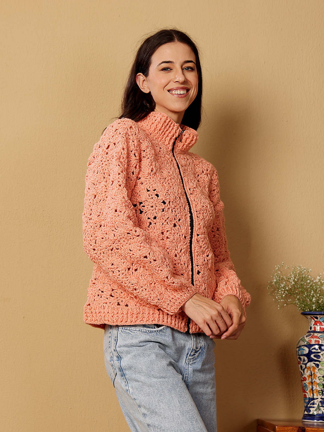 Velvery Crochet Floral Zipper High Neck Cardigan - Peach