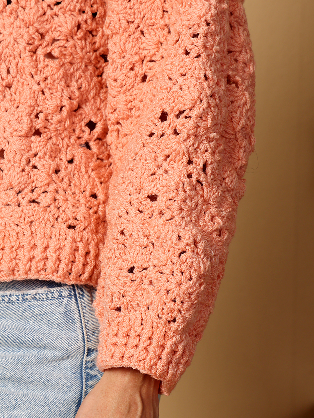 Velvery Crochet Floral Zipper High Neck Cardigan - Peach