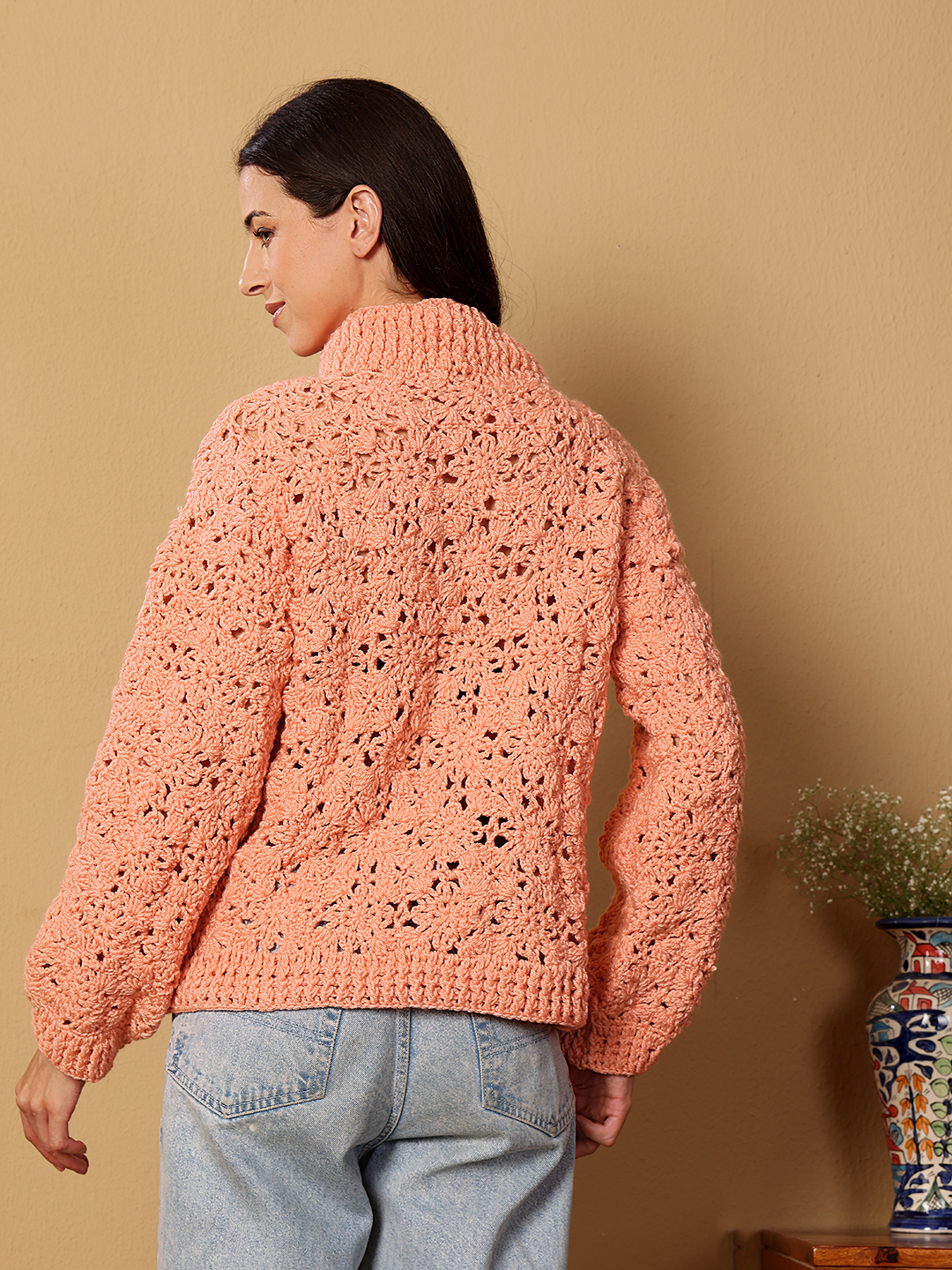 Velvery Crochet Floral Zipper High Neck Cardigan - Peach