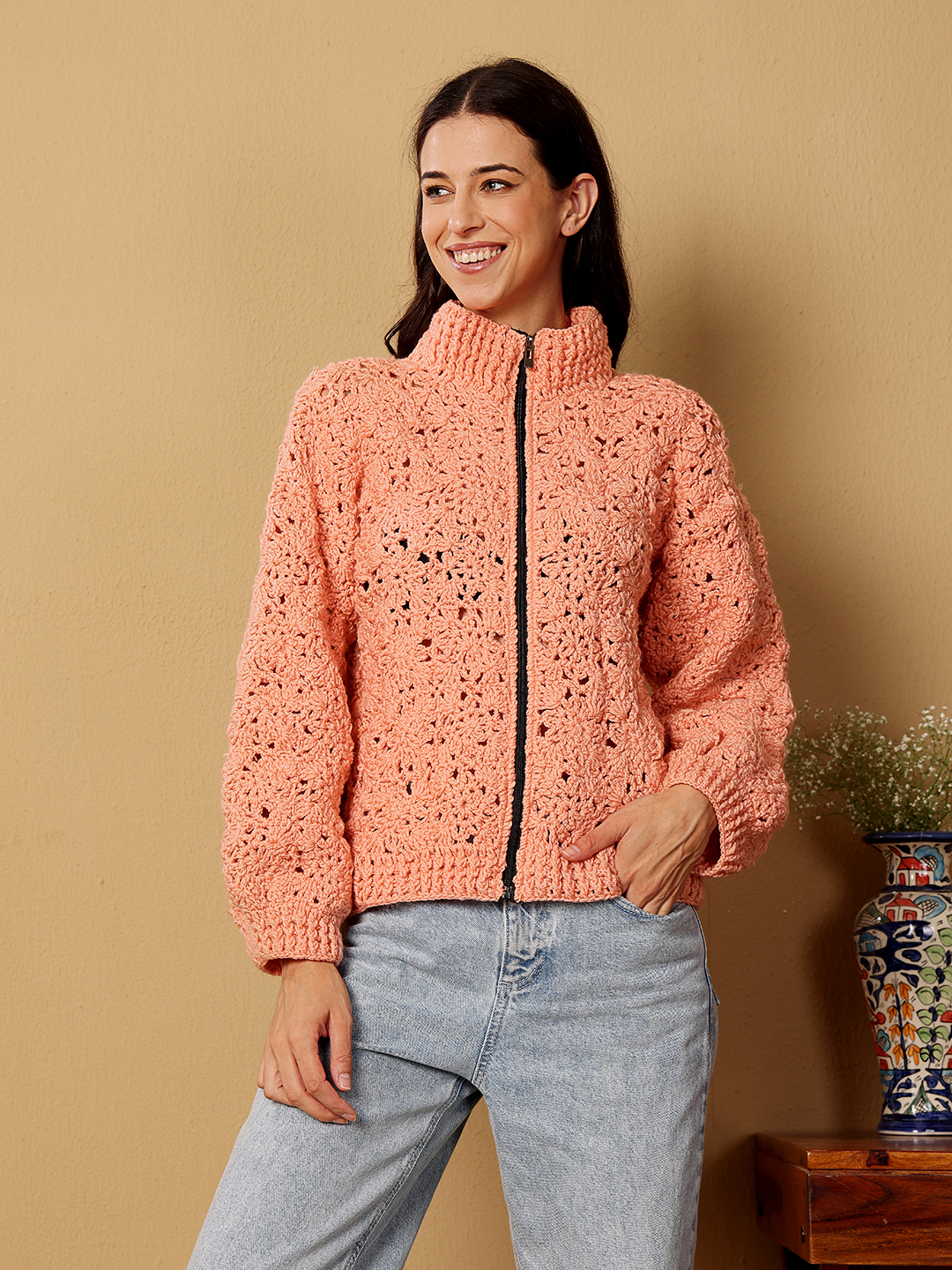 Velvery Crochet Floral Zipper High Neck Cardigan - Peach