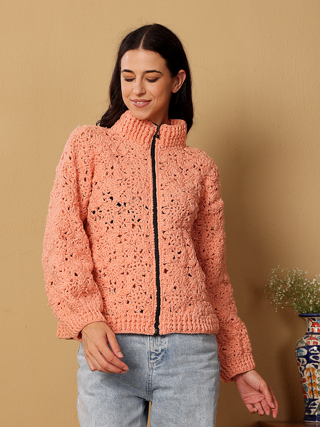 Velvery Crochet Floral Zipper High Neck Cardigan - Peach