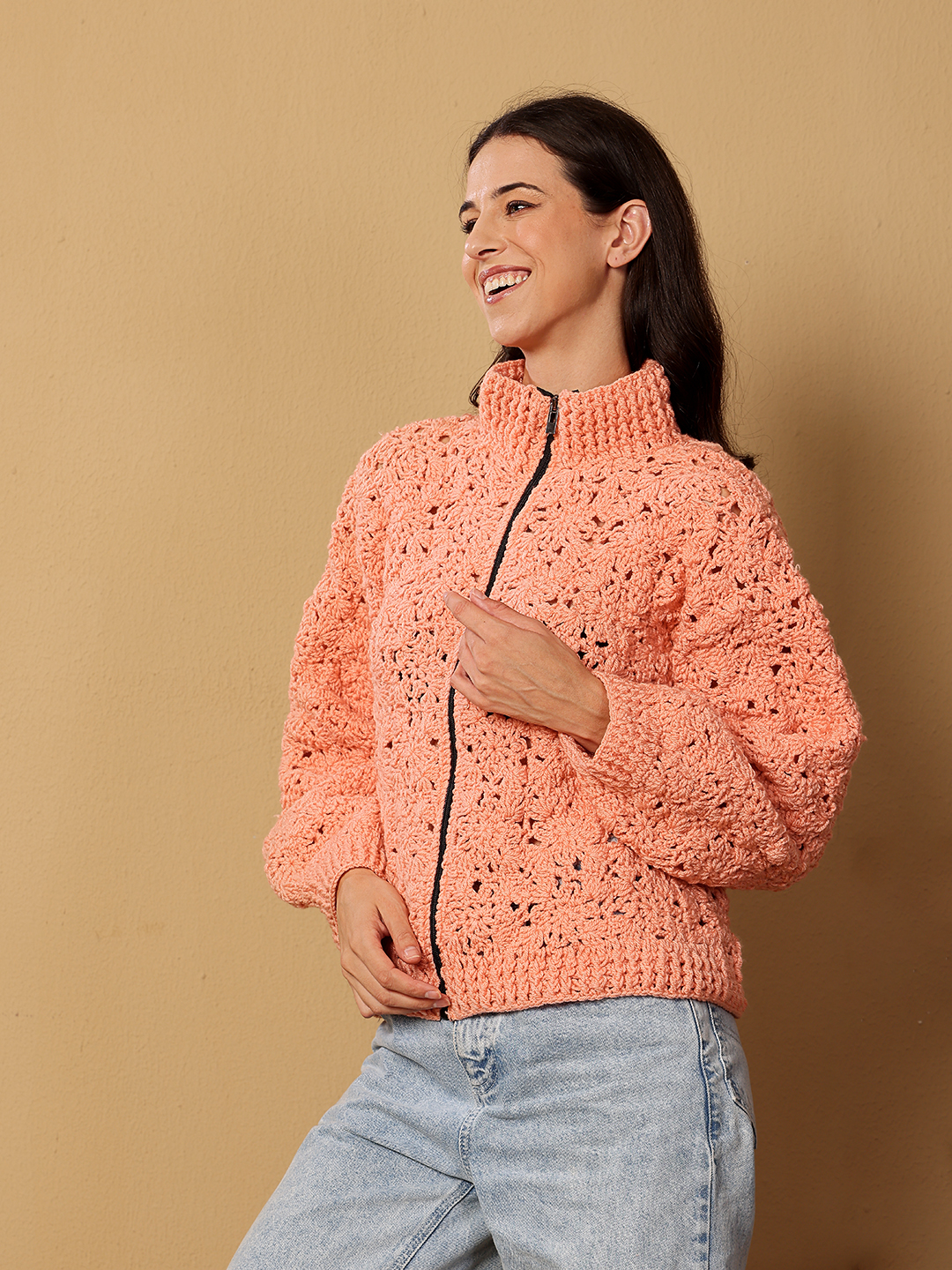 Velvery Crochet Floral Zipper High Neck Cardigan - Peach