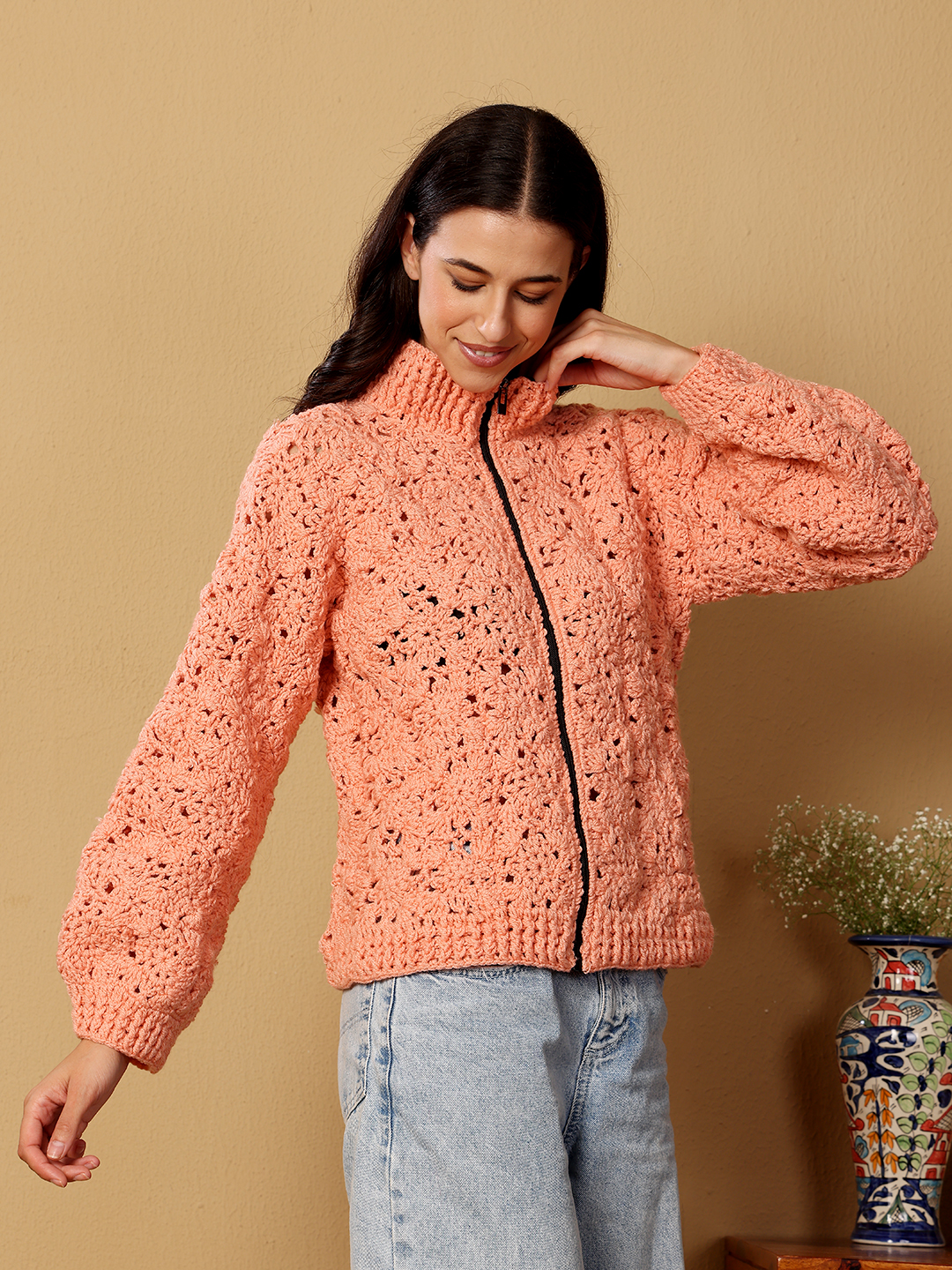 Velvery Crochet Floral Zipper High Neck Cardigan - Peach