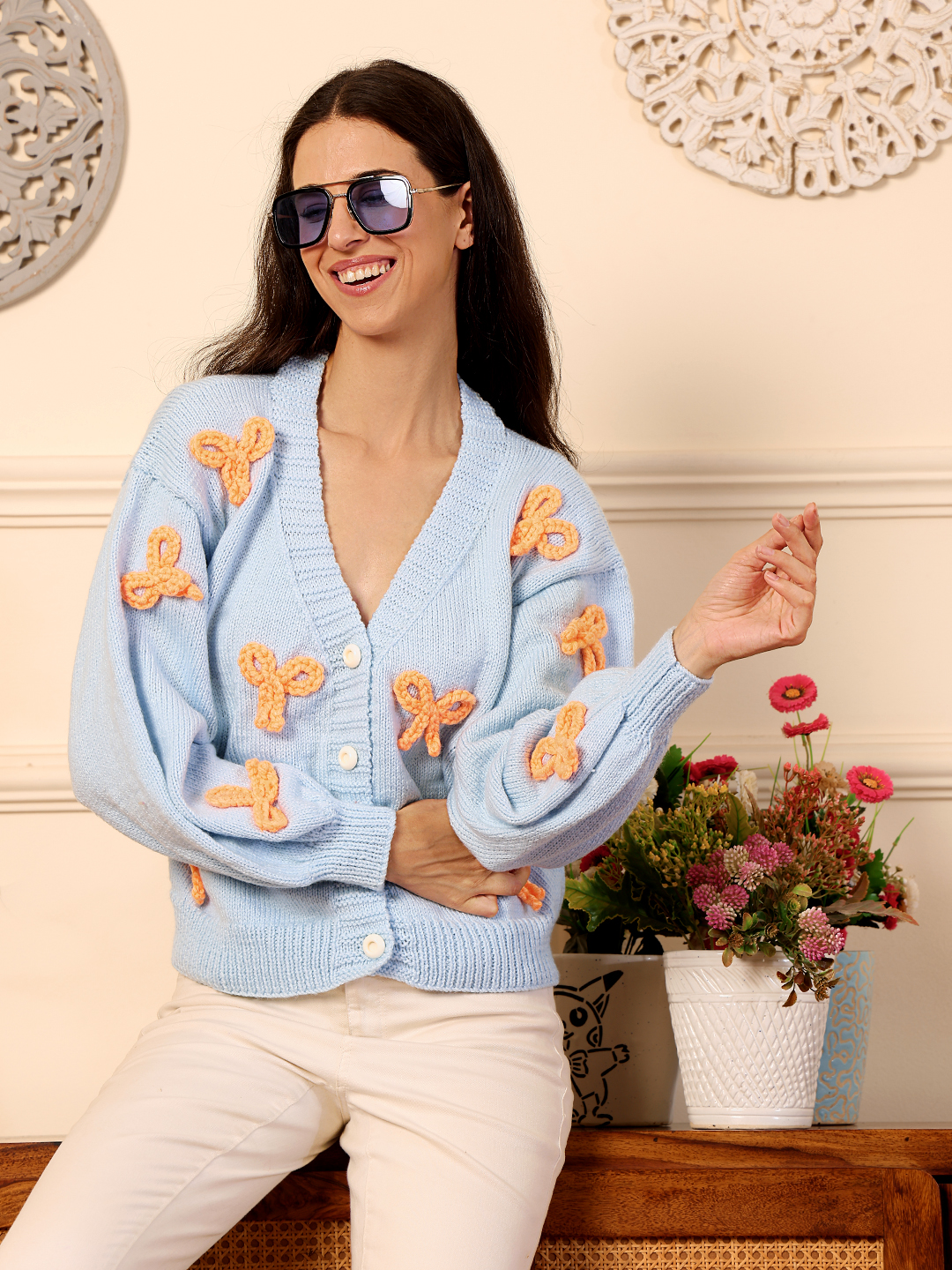 Velvery Bow Detailed Cardigan - Sky Blue