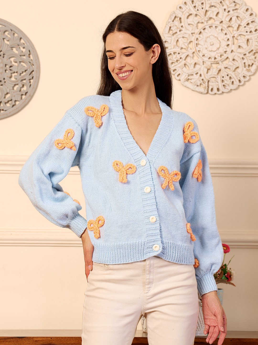 Velvery Bow Detailed Cardigan - Sky Blue