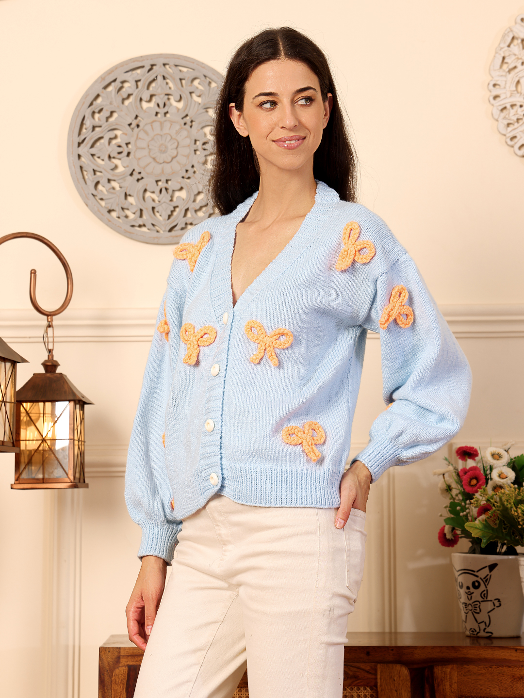 Velvery Bow Detailed Cardigan - Sky Blue