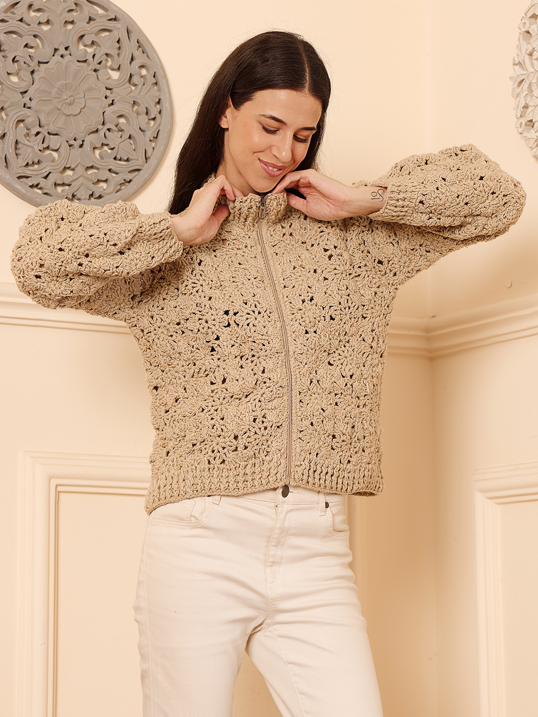 Velvery Crochet Floral Zipper High Neck Cardigan - Beige