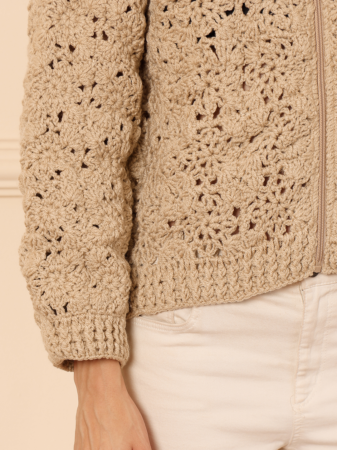 Velvery Crochet Floral Zipper High Neck Cardigan - Beige